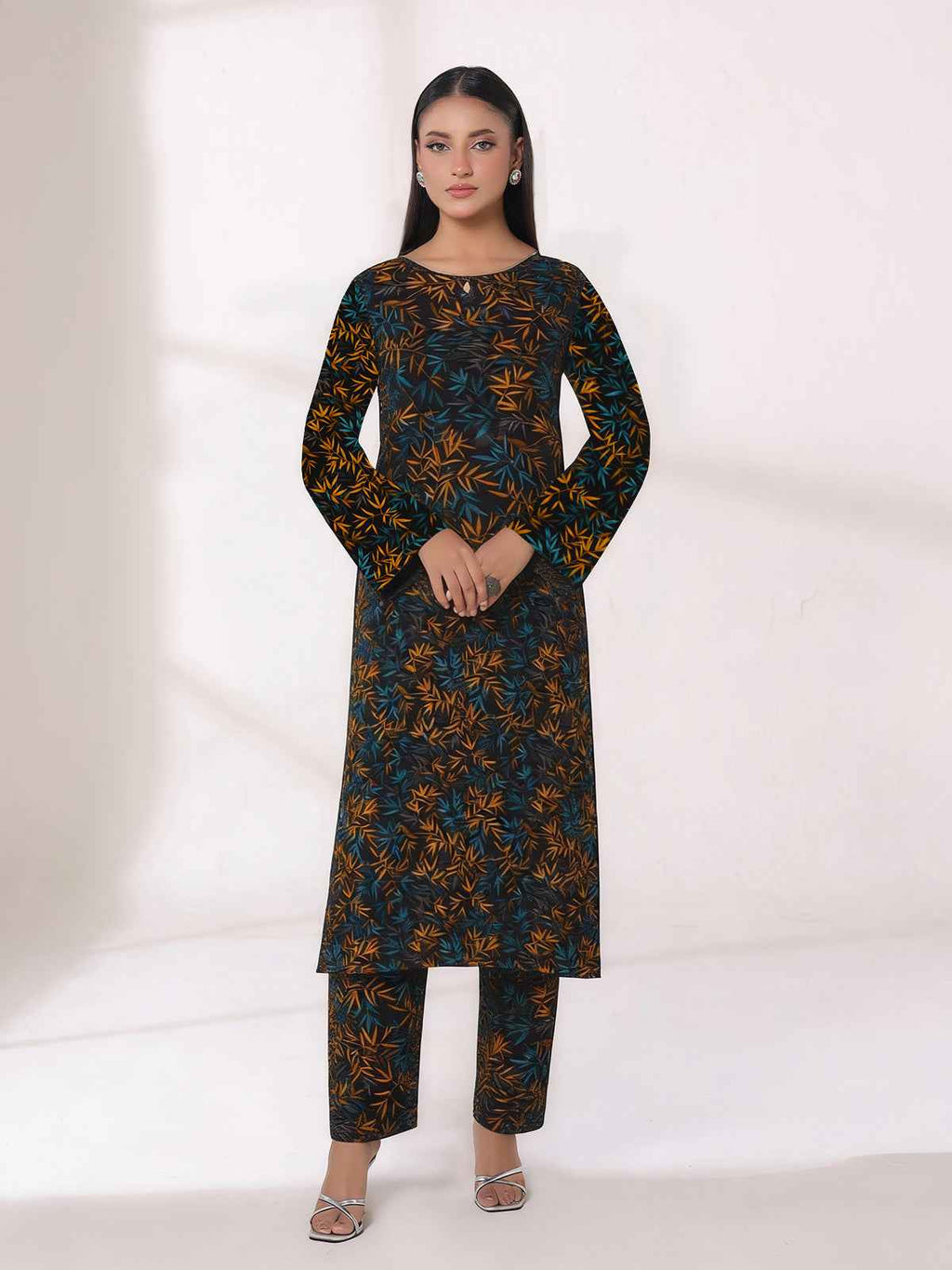 2Pc Printed Unstitched Shirt Trouser Lawn Black & Yellow - OL2P-6450-A