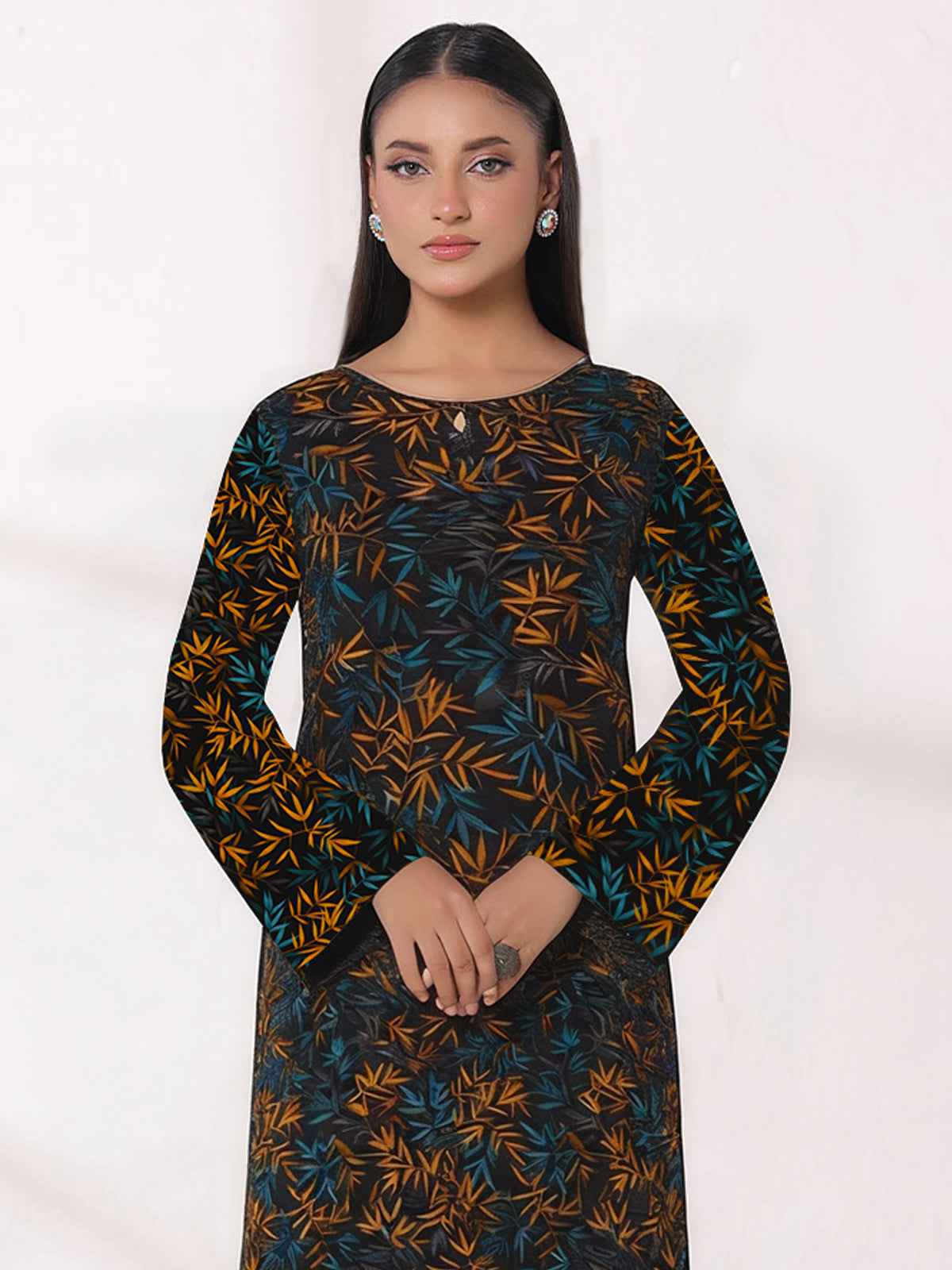 2Pc Printed Unstitched Shirt Trouser Lawn Black & Yellow - OL2P-6450-A