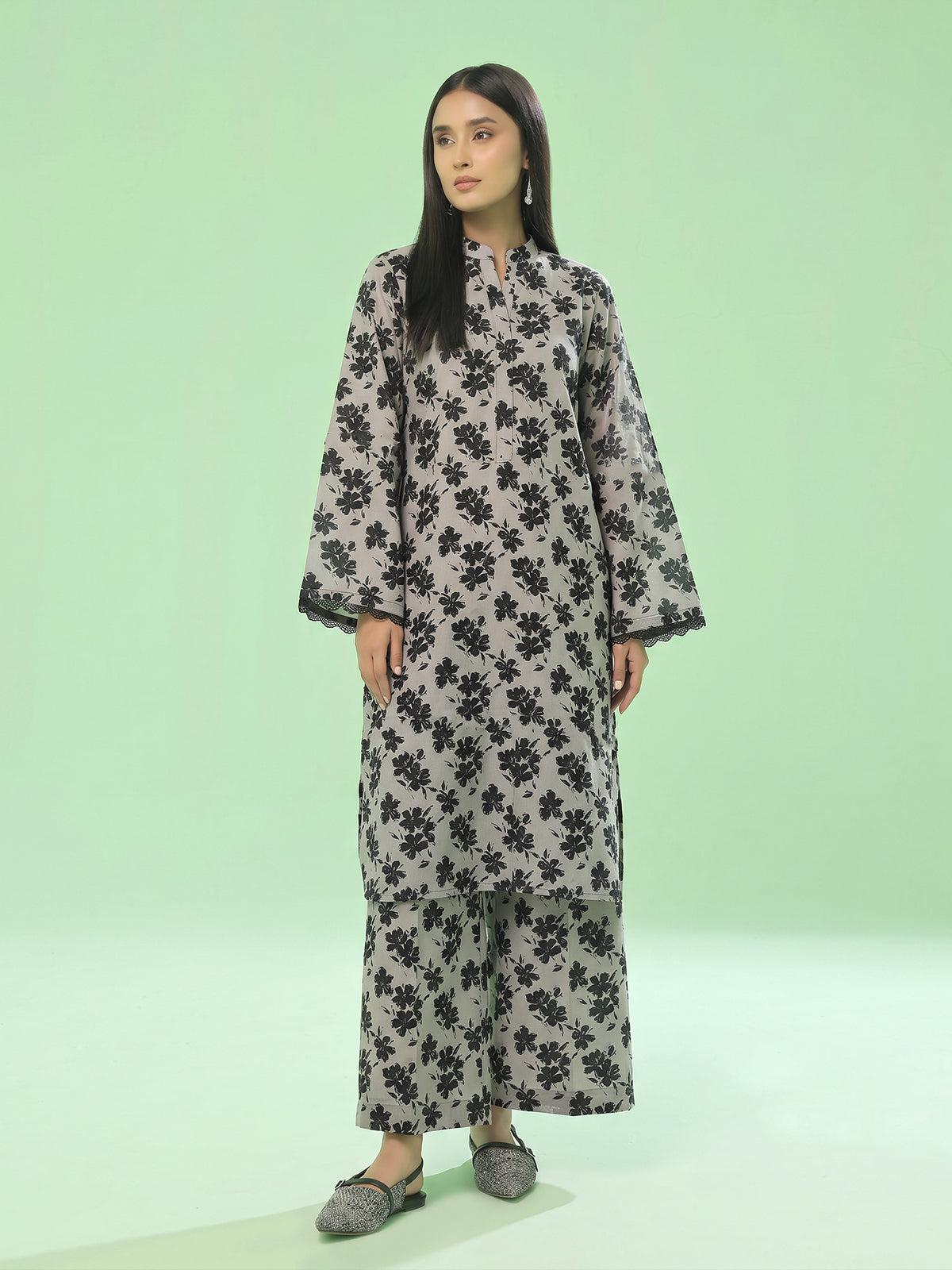 1Pc Printed Unstitched Kurti Swiss Lawn Beige & Black - OLK-6163-B