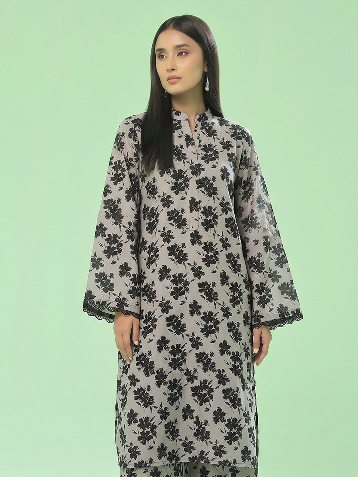 1Pc Printed Unstitched Kurti Swiss Lawn Beige & Black - OLK-6163-B