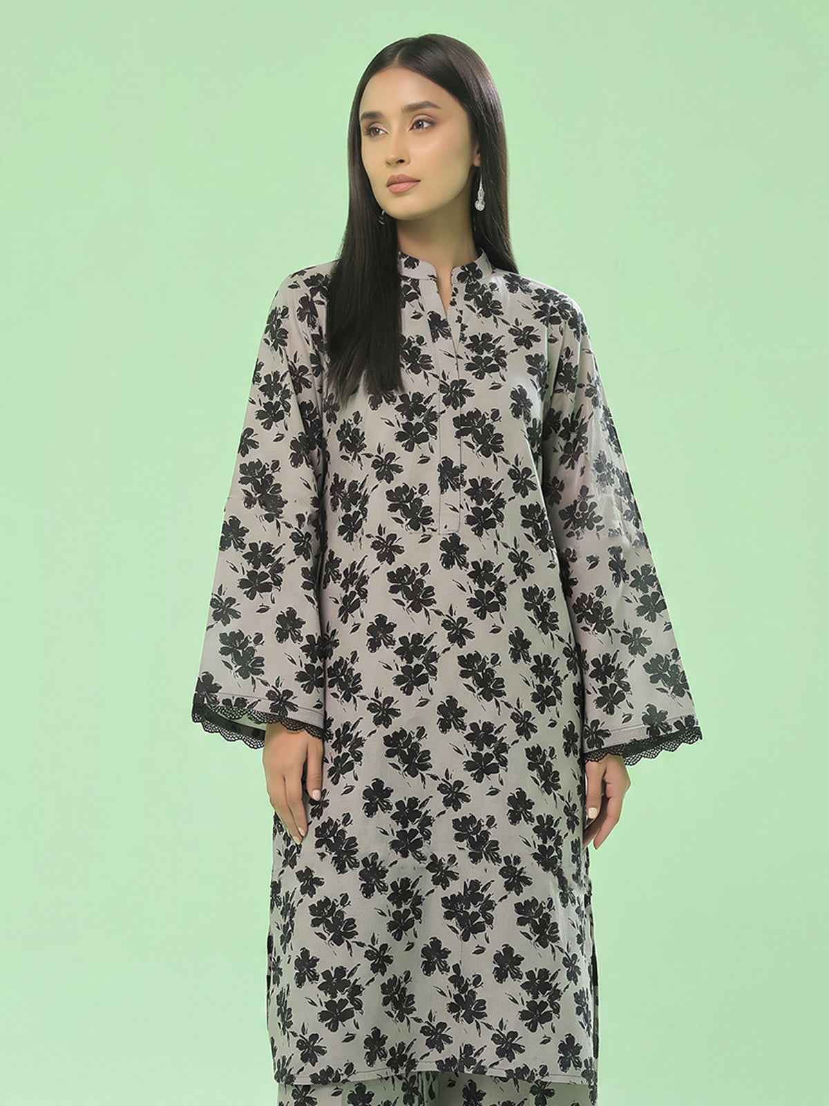 1Pc Printed Unstitched Kurti Swiss Lawn Beige & Black - OLK-6163-B