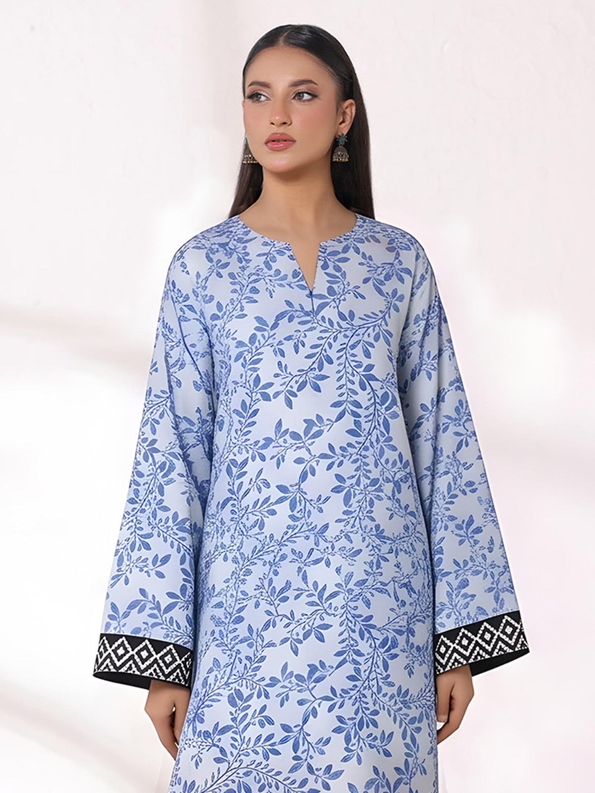 1Pc Printed Unstitched Kurti Lawn White & Blue - OLK-6286-A