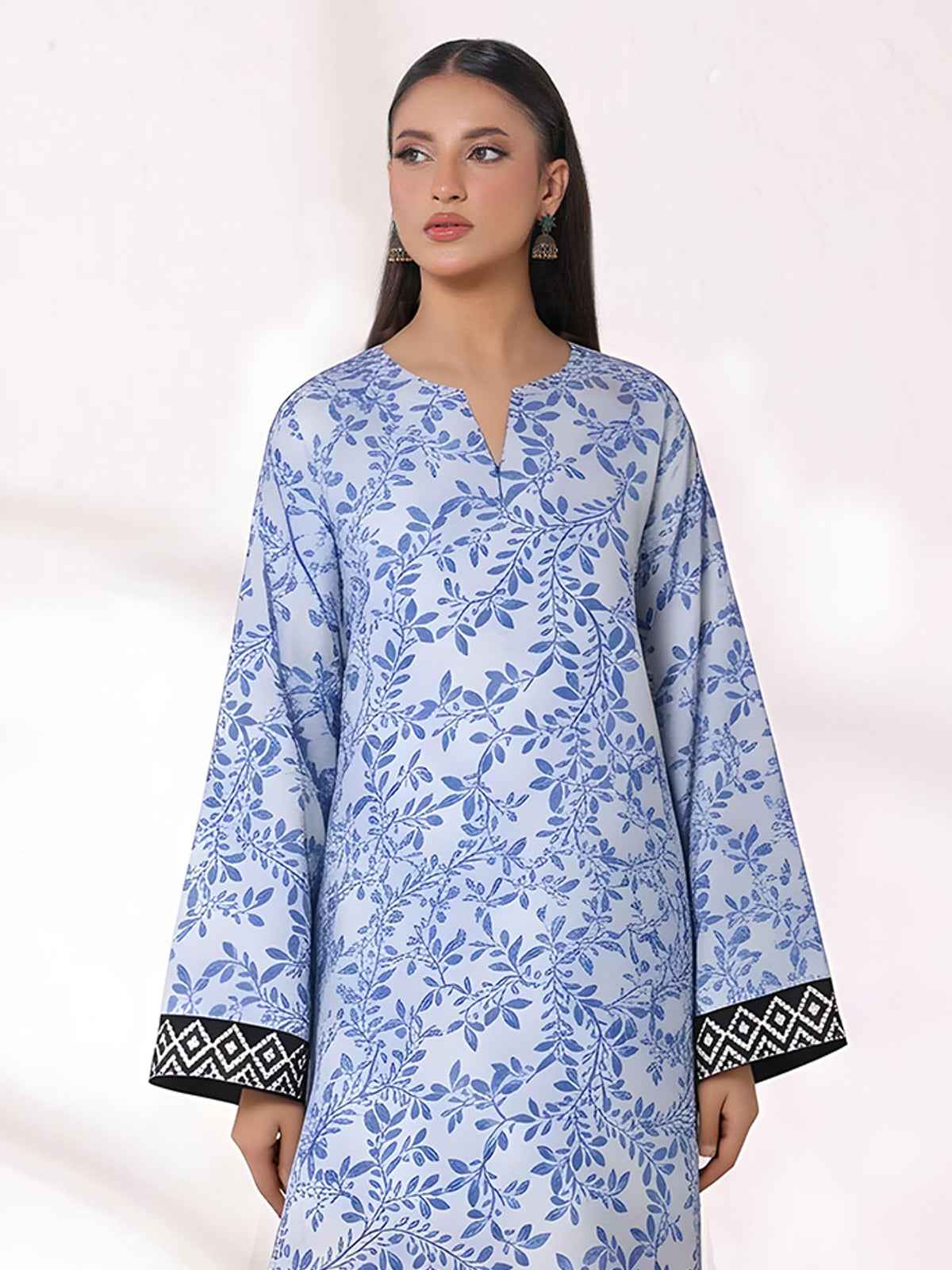 1Pc Printed Unstitched Kurti Lawn White & Blue - OLK-6286-A
