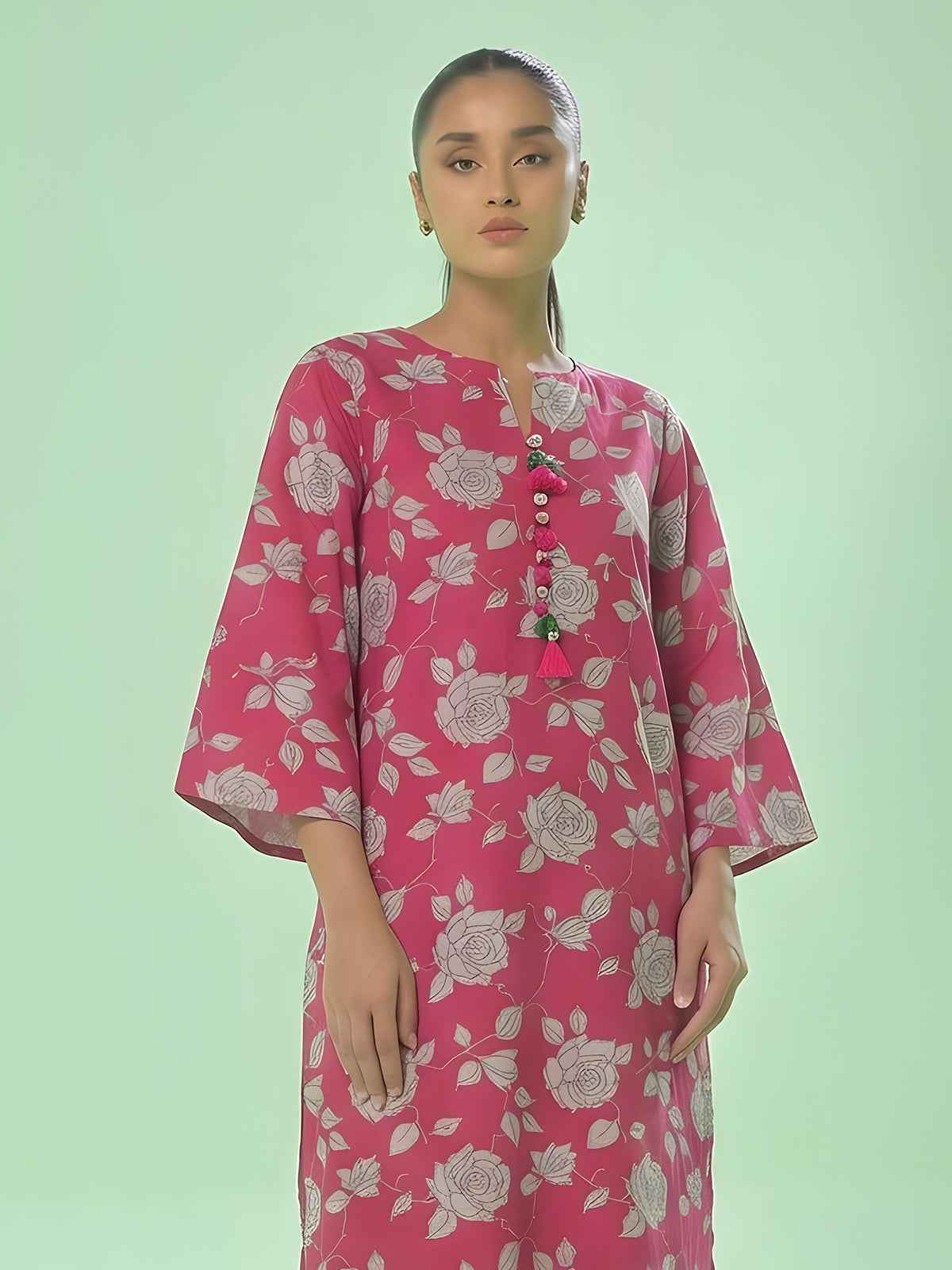 1Pc Printed Unstitched Kurti Swiss Lawn Pink - OLK-6305-A