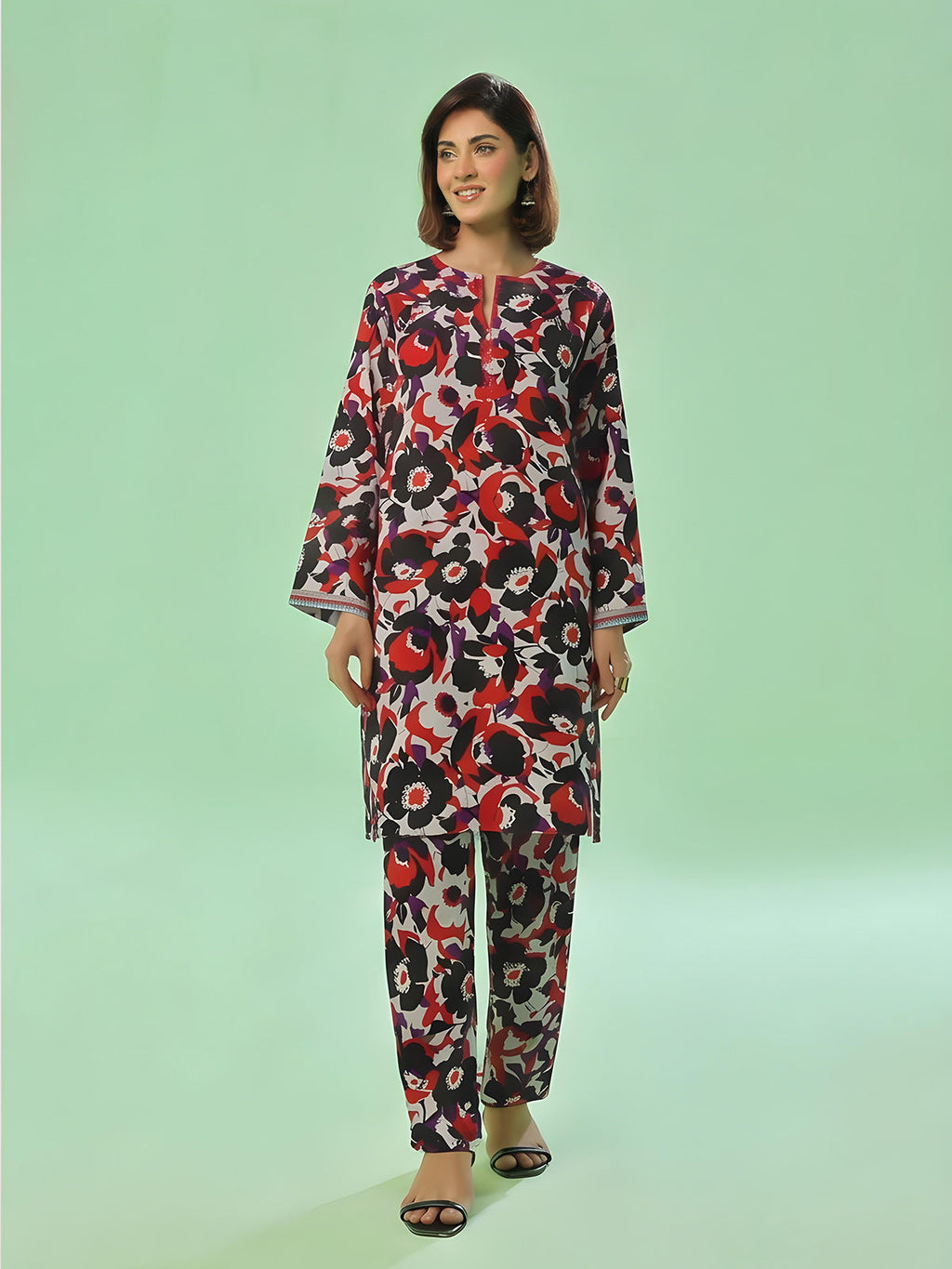 1Pc Printed Unstitched Kurti Swiss Lawn Black & Red - OLK-6309-A