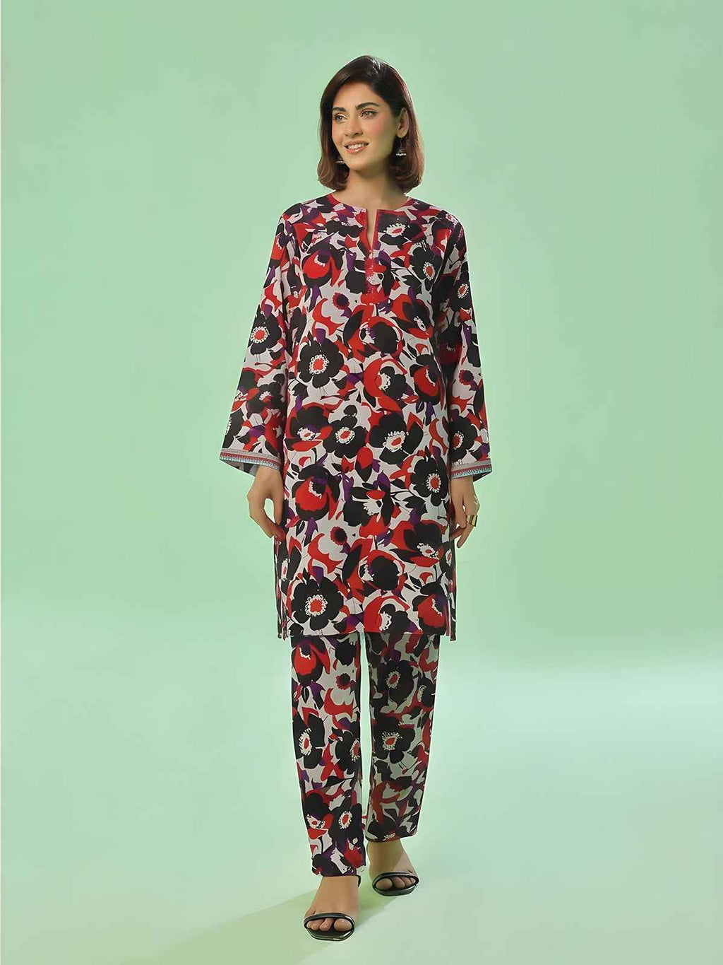 1Pc Printed Unstitched Kurti Swiss Lawn Black & Red - OLK-6309-A