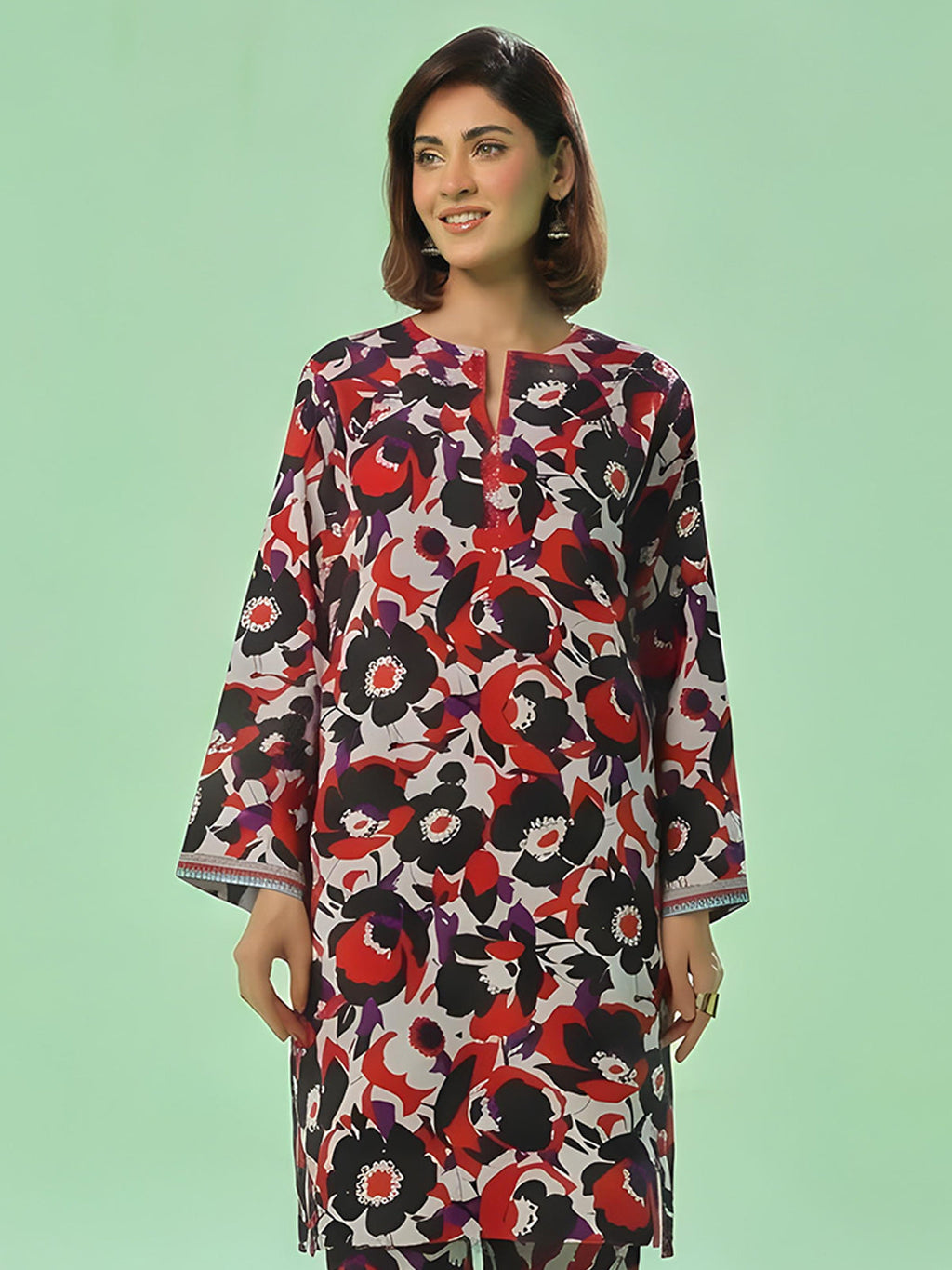 1Pc Printed Unstitched Kurti Swiss Lawn Black & Red - OLK-6309-A