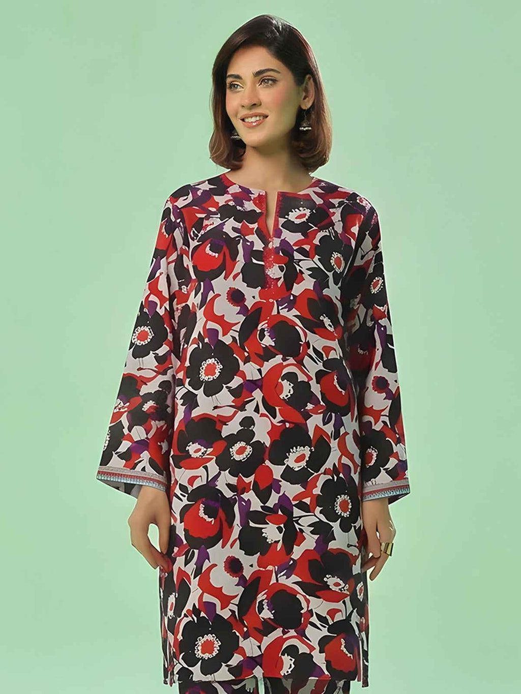 1Pc Printed Unstitched Kurti Swiss Lawn Black & Red - OLK-6309-A