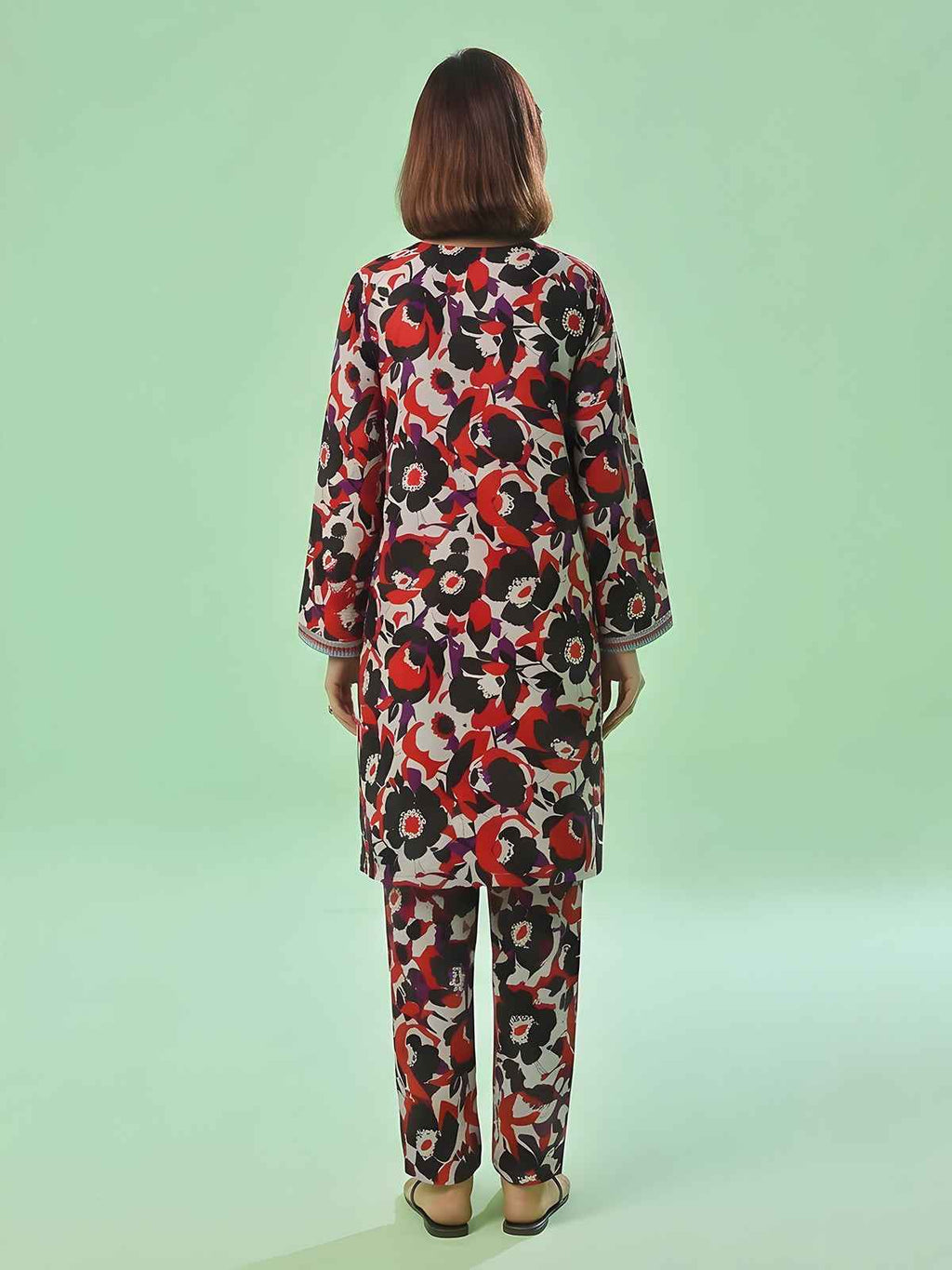 1Pc Printed Unstitched Kurti Swiss Lawn Black & Red - OLK-6309-A