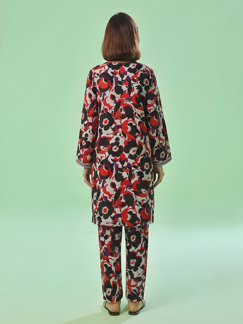 1Pc Printed Unstitched Kurti Swiss Lawn Black & Red - OLK-6309-A