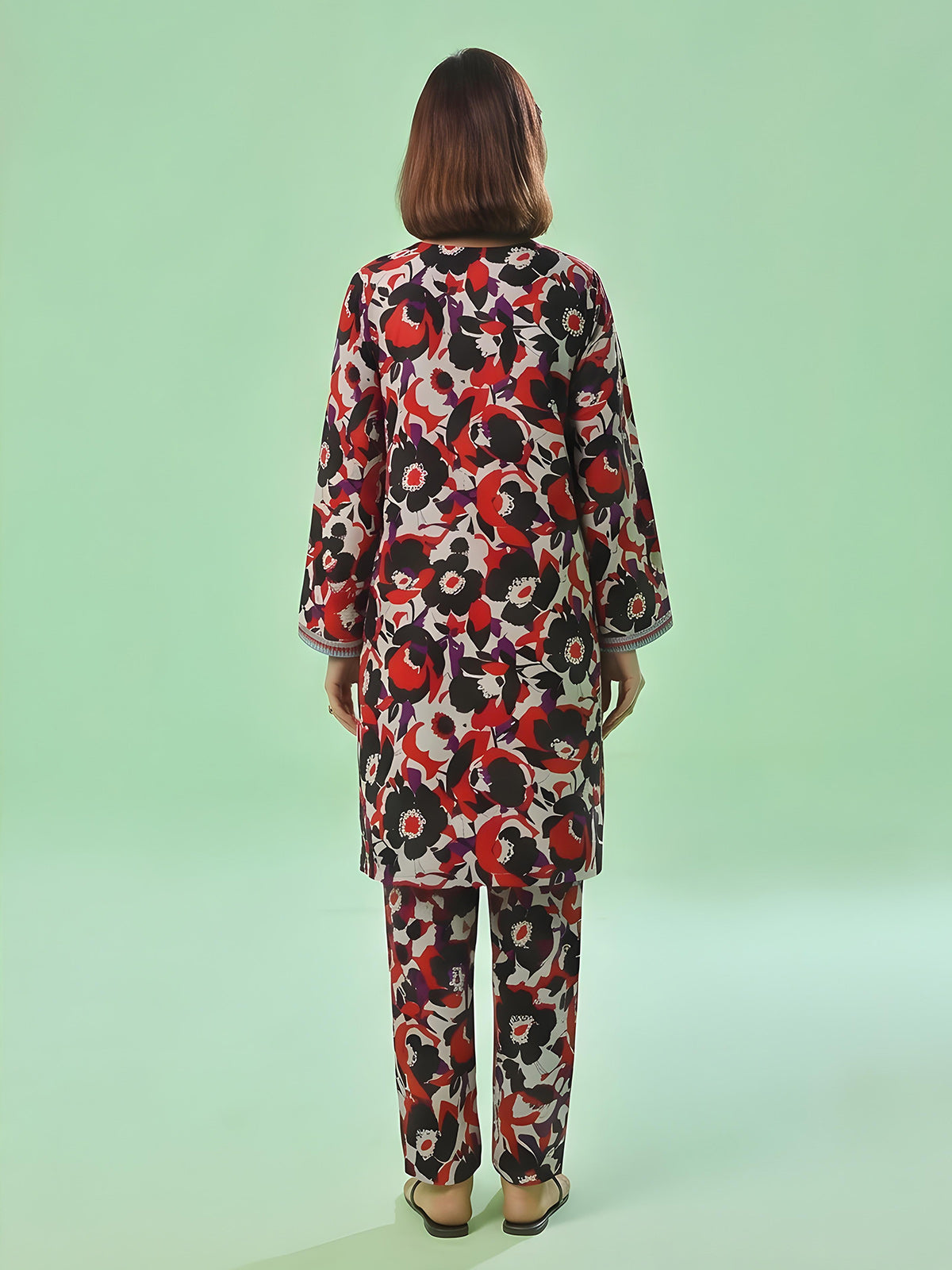 1Pc Printed Unstitched Kurti Swiss Lawn Black & Red - OLK-6309-A