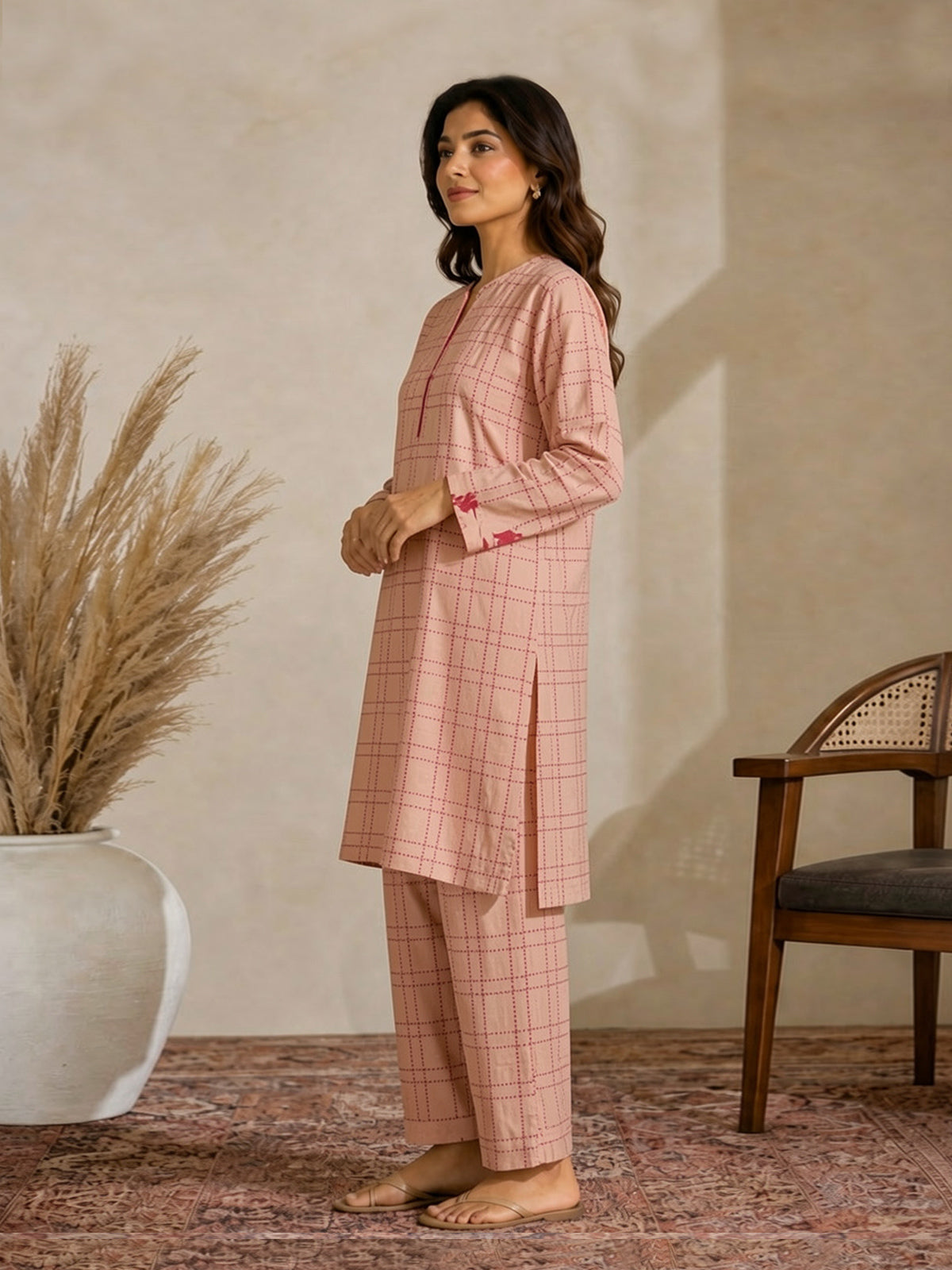 1Pc Printed Pret Kurti Cambric Peach & Pink - OWKT-2412005