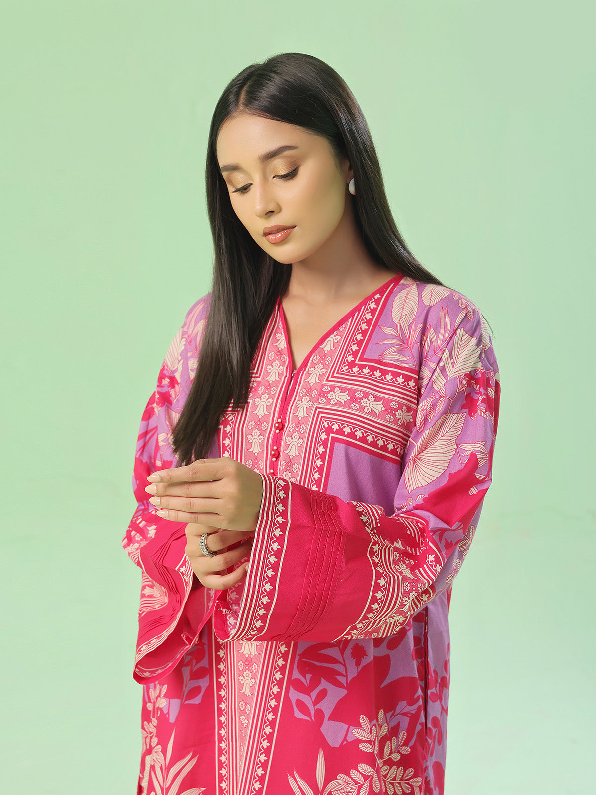 1Pc Printed Pret Kurti Lawn Red - OWKT-2505042