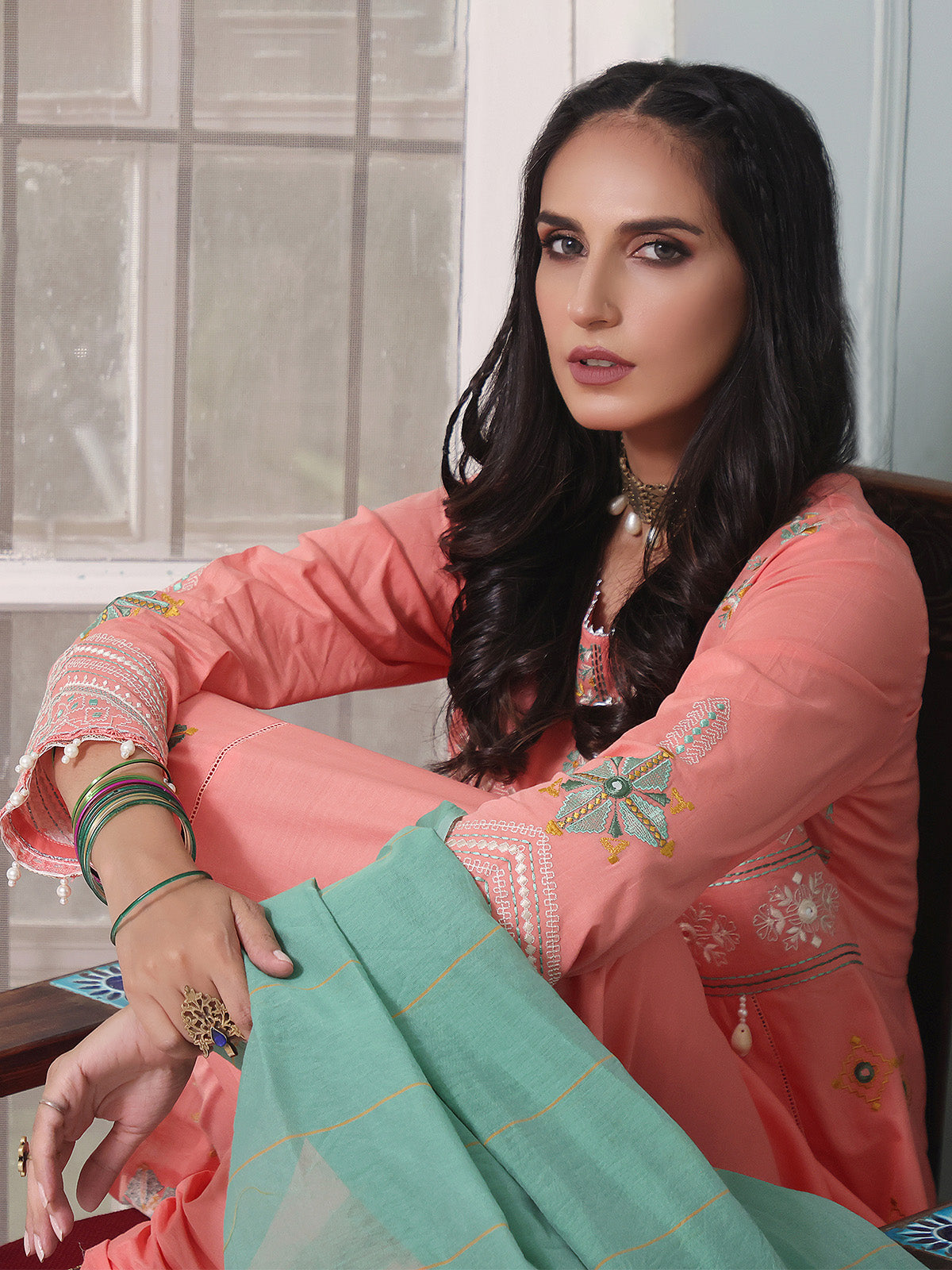 3Pc Embroidered Unstitched Lawn Peach - OLE3P-6003-A