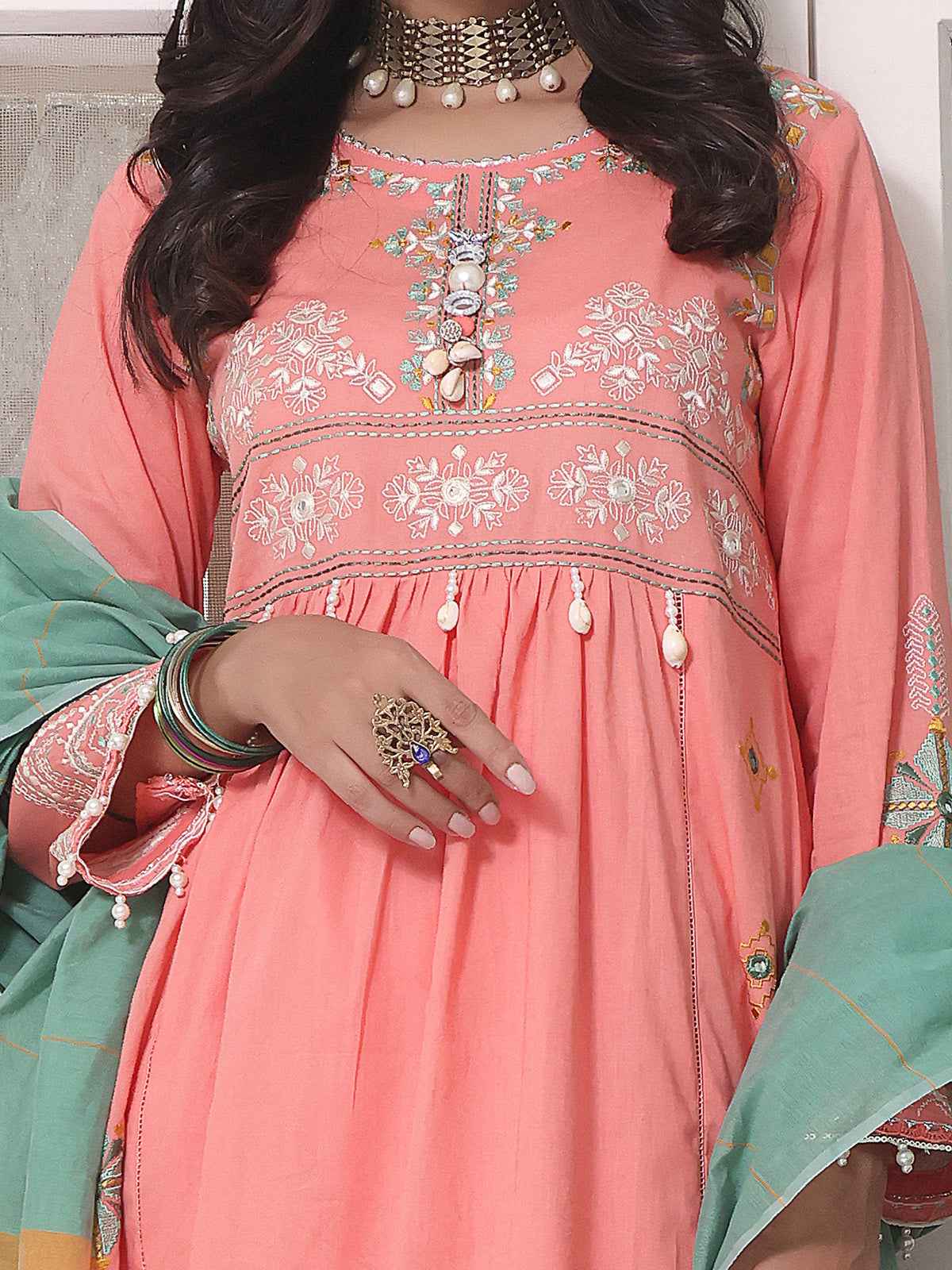 3Pc Embroidered Unstitched Lawn Peach - OLE3P-6003-A
