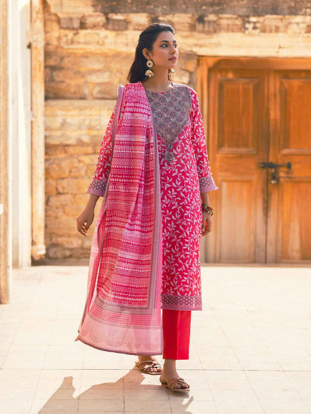 3Pc Embroidered Unstitched Lawn Pink - OLE3P-6045-A