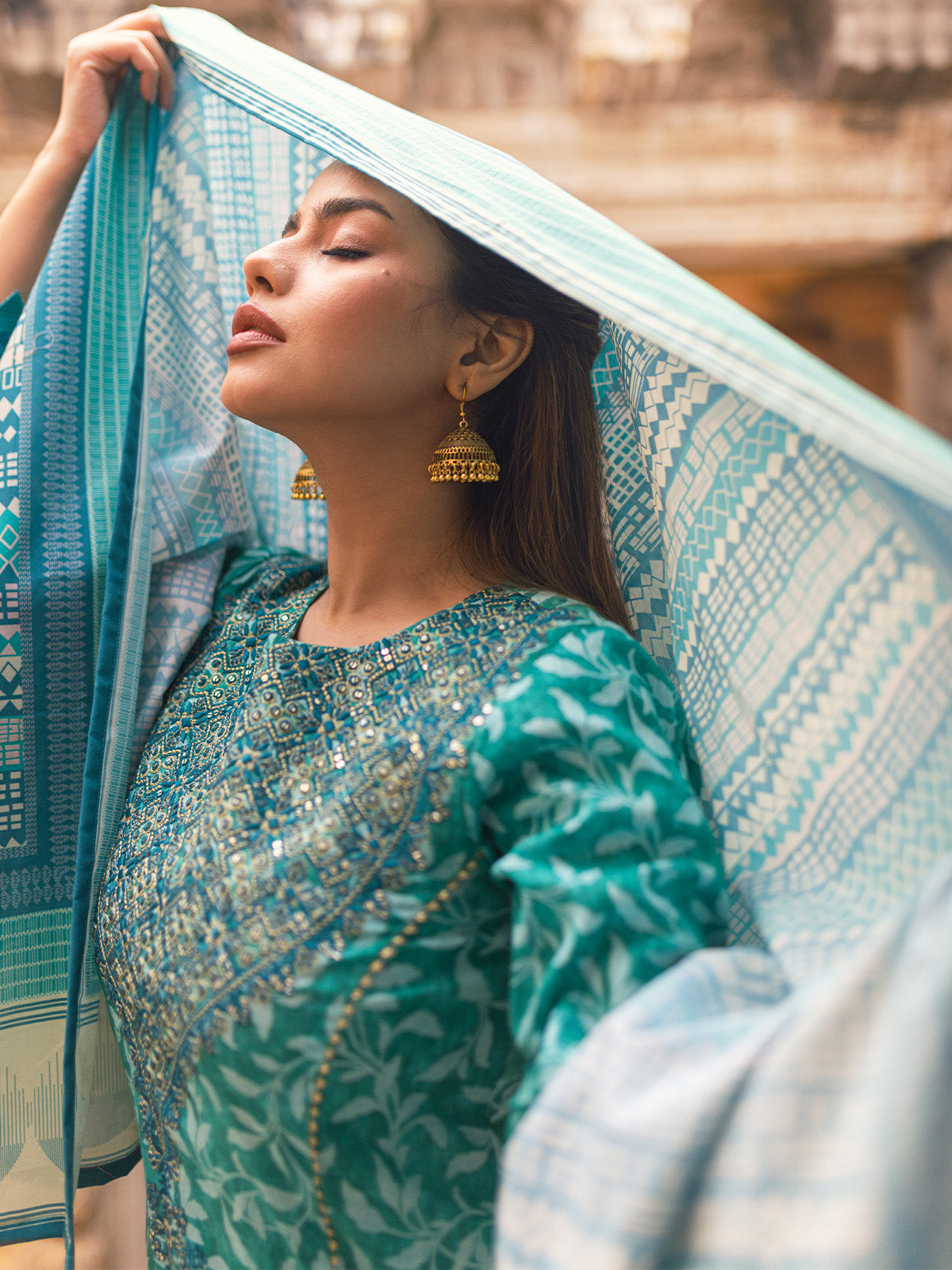 3Pc Embroidered Unstitched Lawn Aqua - OLE3P-6045-B