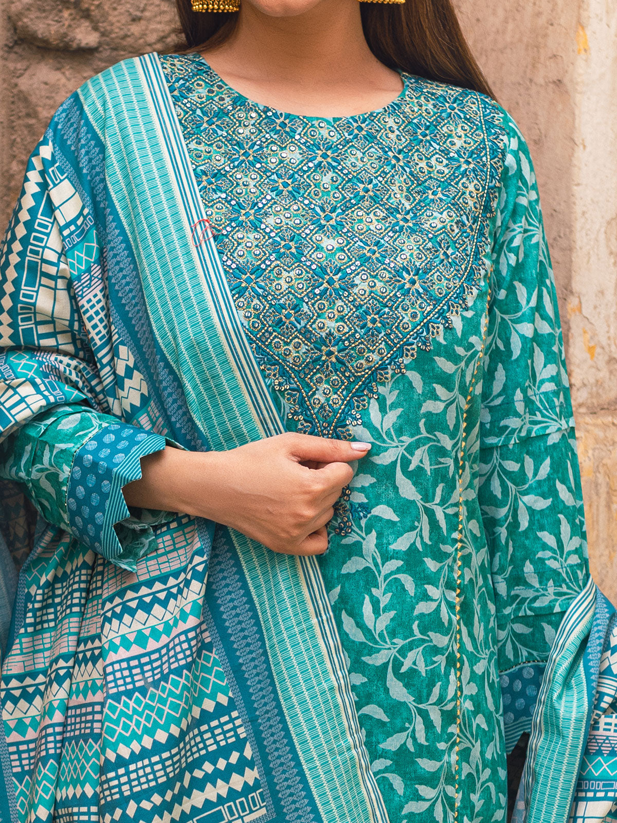 3Pc Embroidered Unstitched Lawn Aqua - OLE3P-6045-B