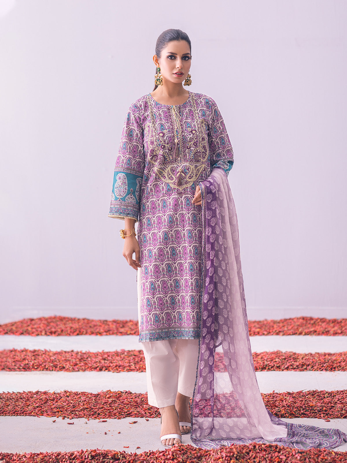 3Pc Embroidered Unstitched Lawn Purple - OLEC3P-6032-B