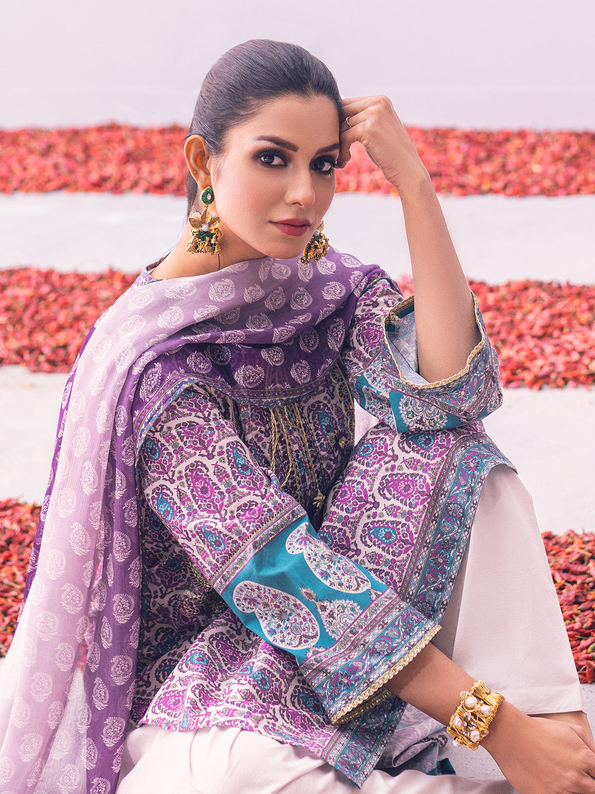 3Pc Embroidered Unstitched Lawn Purple - OLEC3P-6032-B