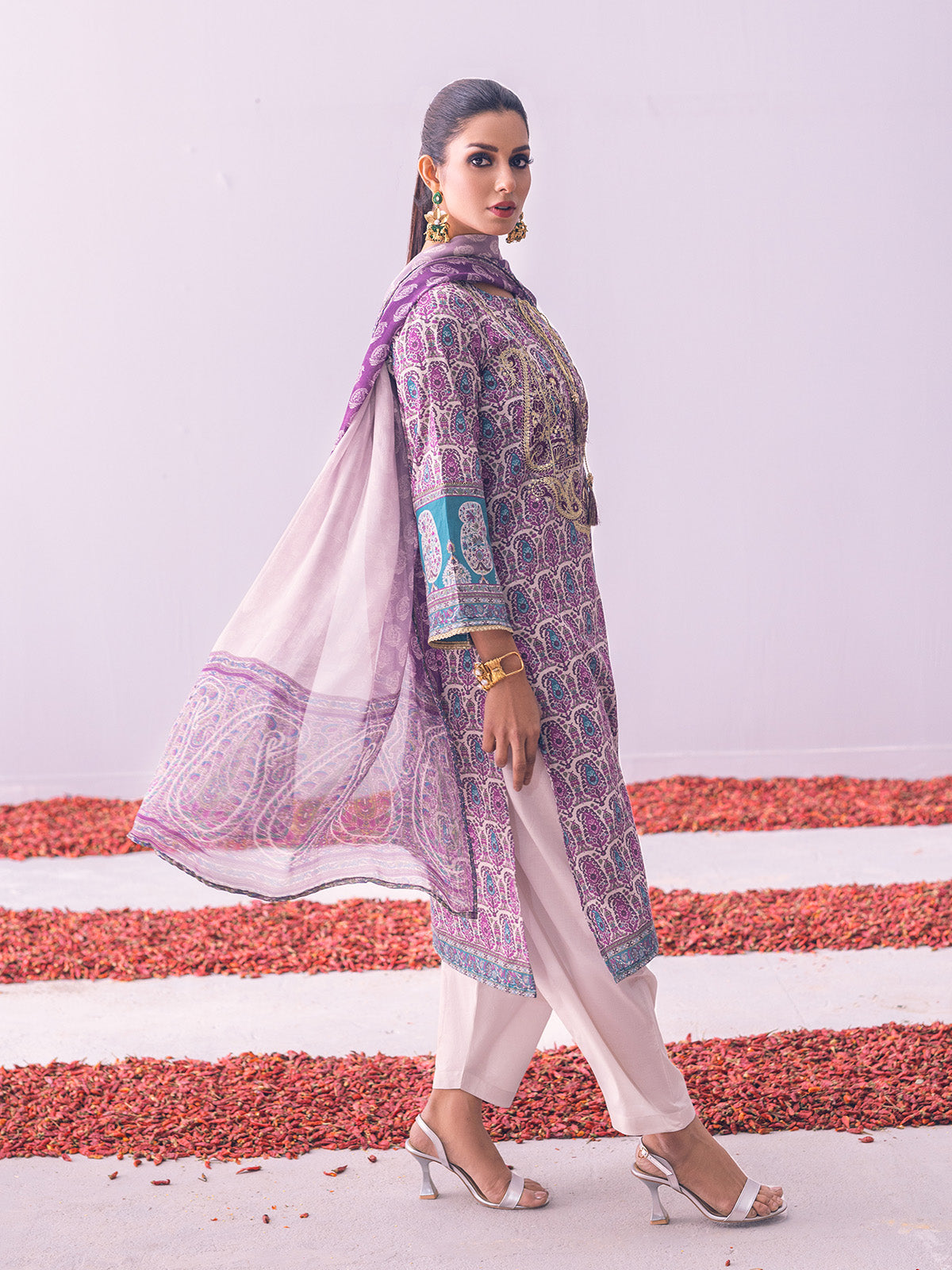 3Pc Embroidered Unstitched Lawn Purple - OLEC3P-6032-B