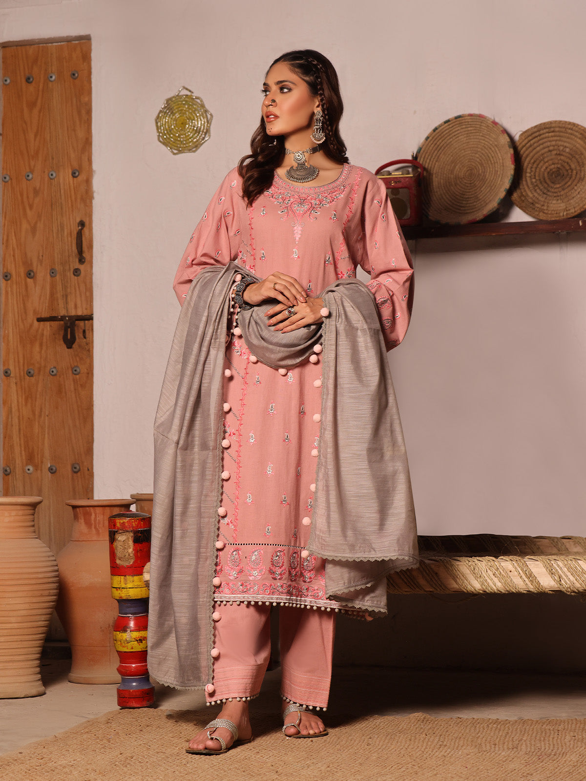 3Pc Embroidered Unstitched Khaddar Pink - OWEKH3P-6259-A