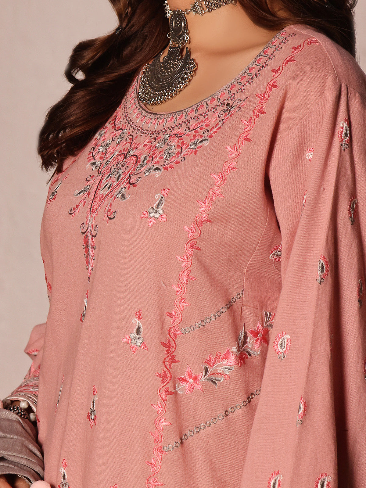 3Pc Embroidered Unstitched Khaddar Pink - OWEKH3P-6259-A