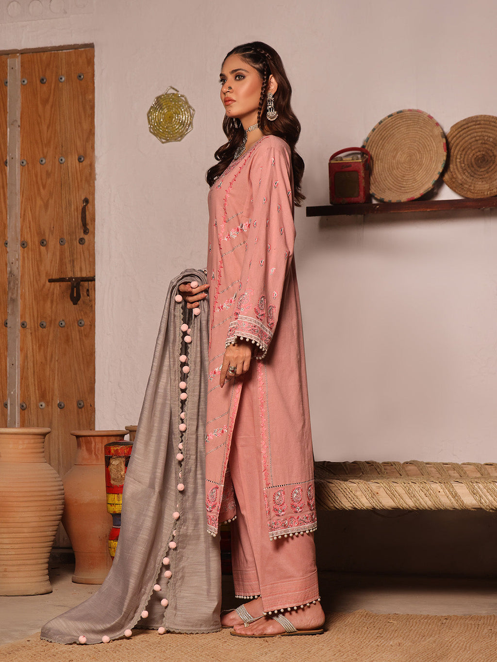 3Pc Embroidered Unstitched Khaddar Pink - OWEKH3P-6259-A