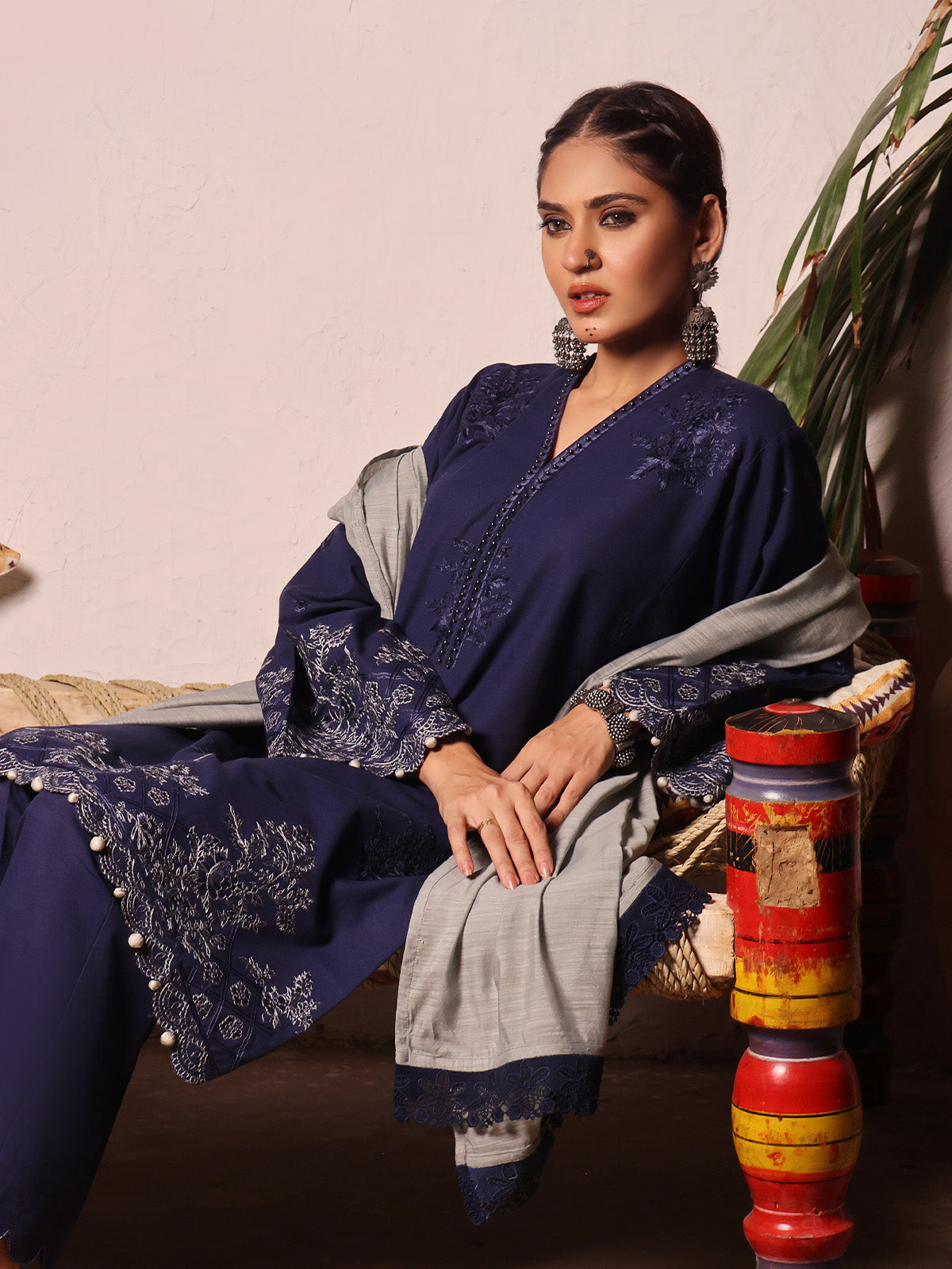 3Pc Embroidered Unstitched Khaddar Navy Blue - OWEKH3P-6262-A