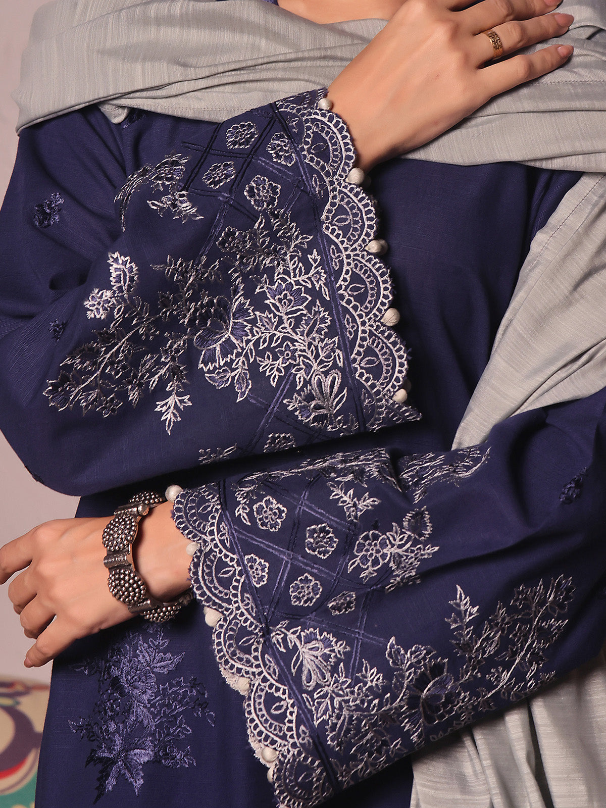 3Pc Embroidered Unstitched Khaddar Navy Blue - OWEKH3P-6262-A