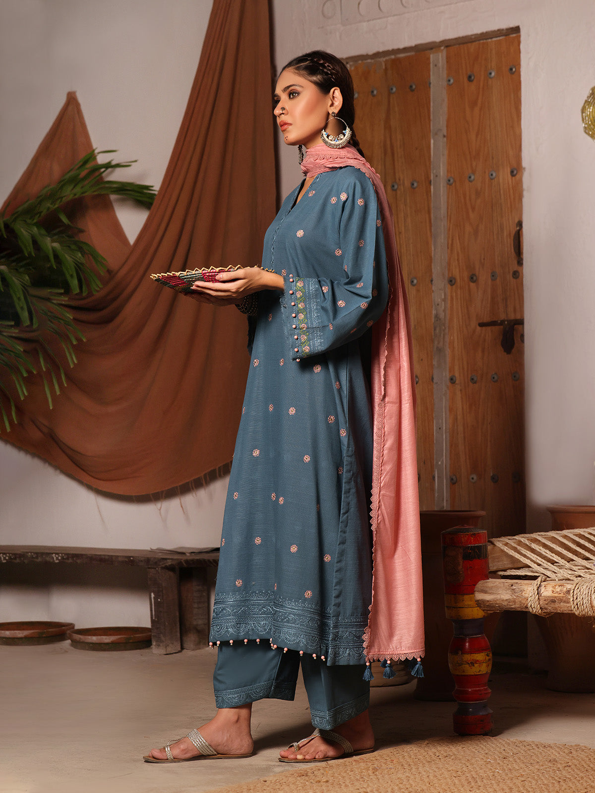 3Pc Embroidered Unstitched Khaddar Teal - OWEKH3P-6268-A