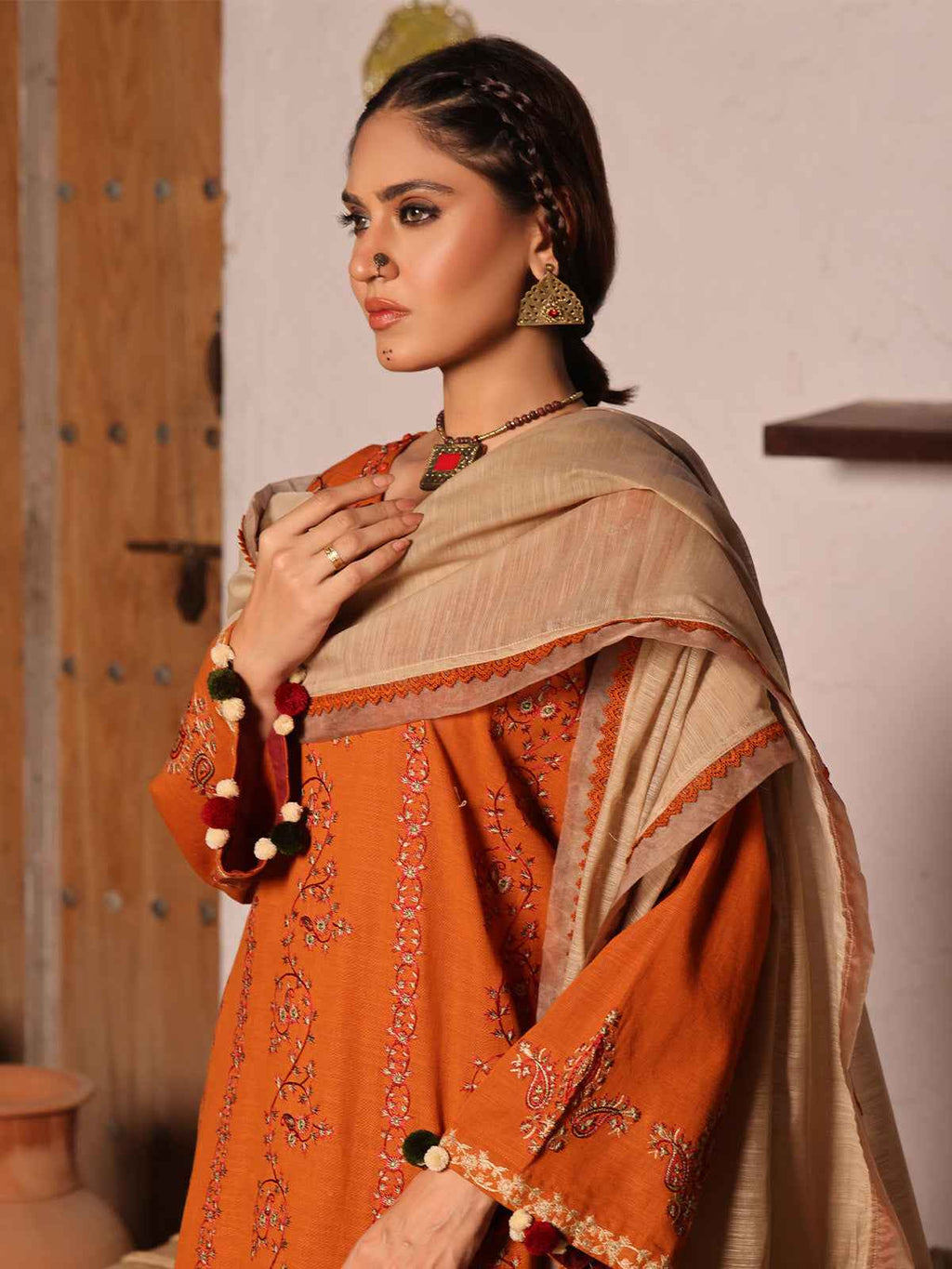 3Pc Embroidered Unstitched Khaddar Mustard - OWEKH3P-6275-A