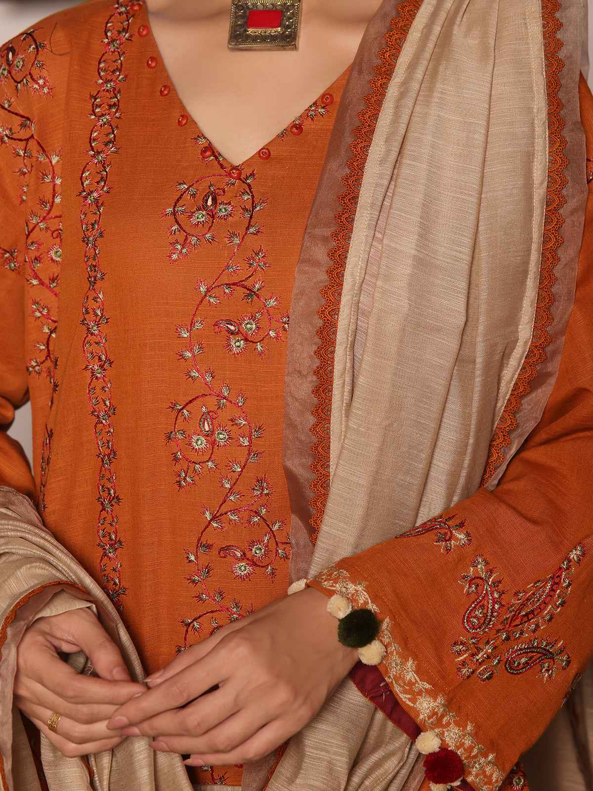 3Pc Embroidered Unstitched Khaddar Mustard - OWEKH3P-6275-A
