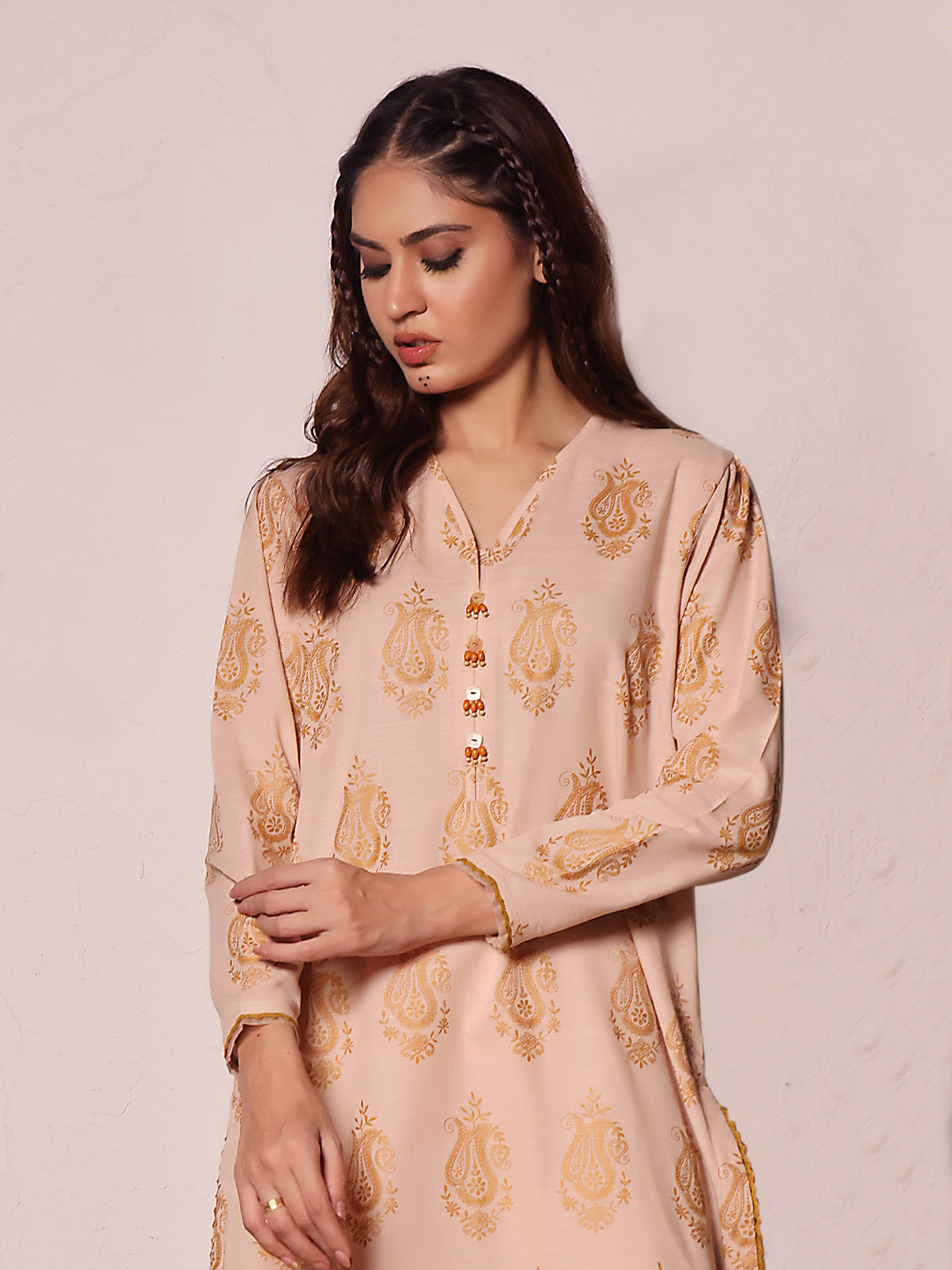 2Pc Printed Unstitched Khaddar Beige - OWKH2PT-6279-A