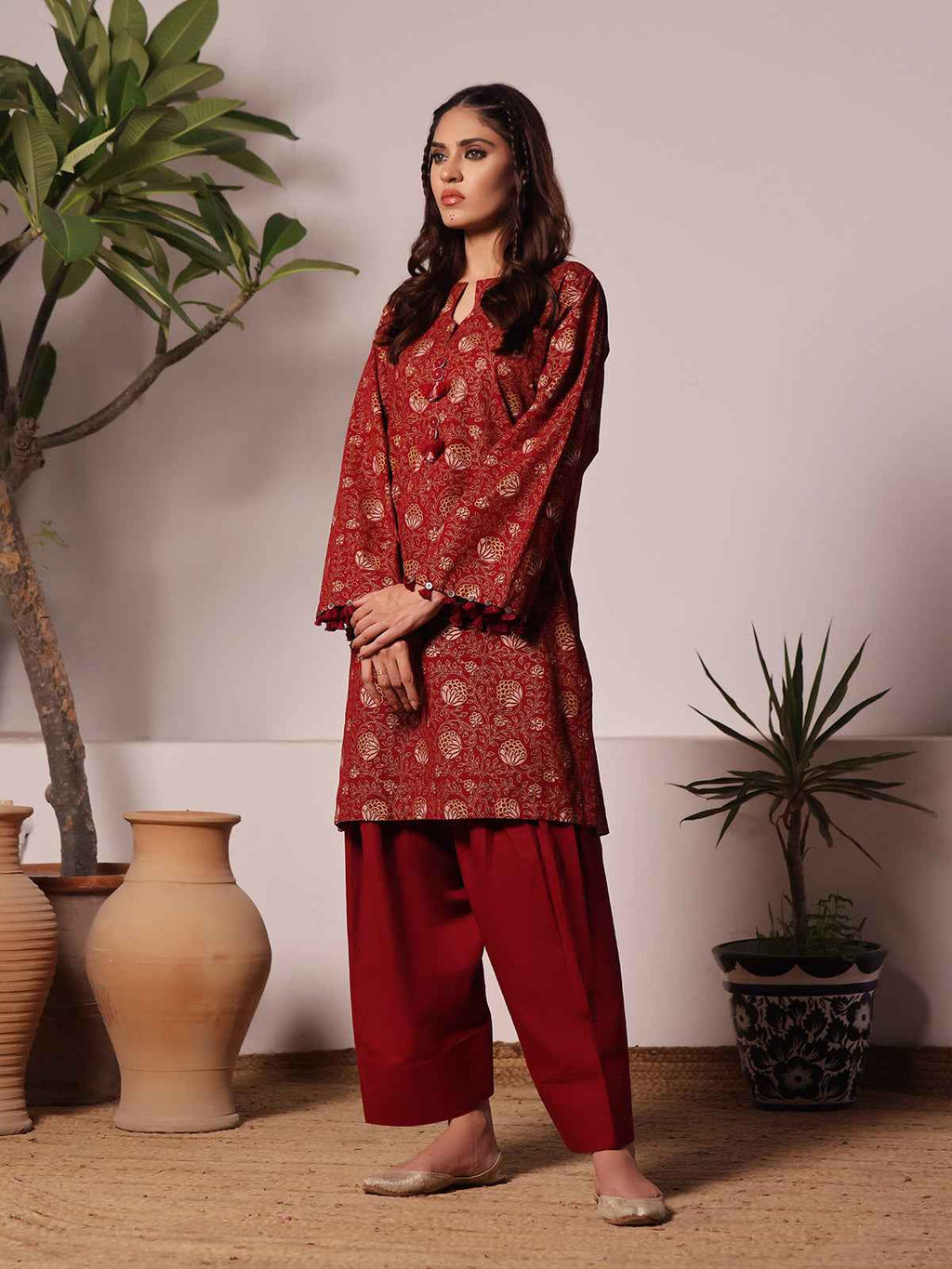 2Pc Printed Unstitched Khaddar Maroon - OWKH2PT-6280-A