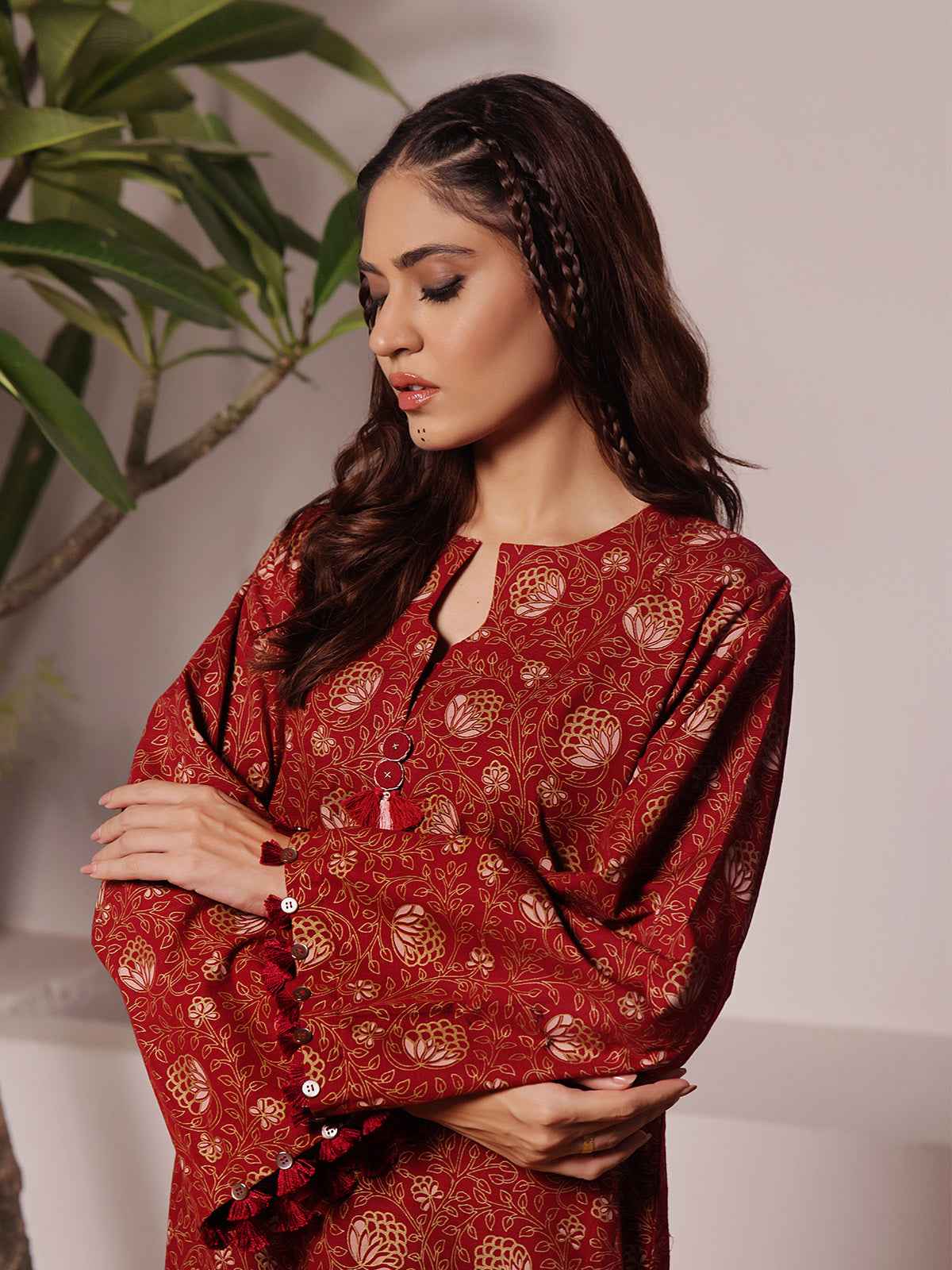 2Pc Printed Unstitched Khaddar Maroon - OWKH2PT-6280-A