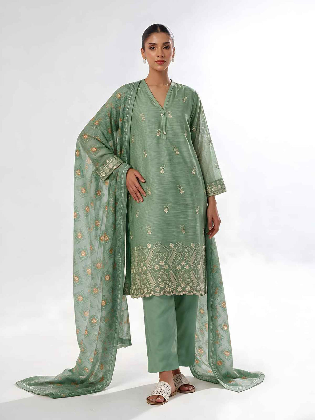 3Pc Embroidered Pret Suit Organza Net Slub Green - OWE3P-2601001