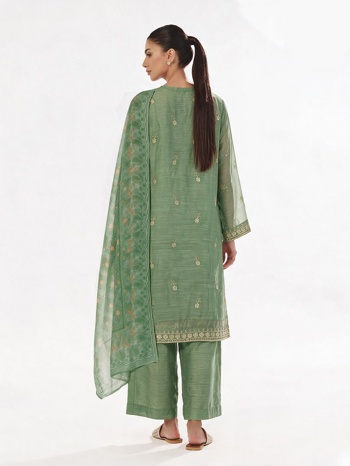 3Pc Embroidered Pret Suit Organza Net Slub Green - OWE3P-2601001