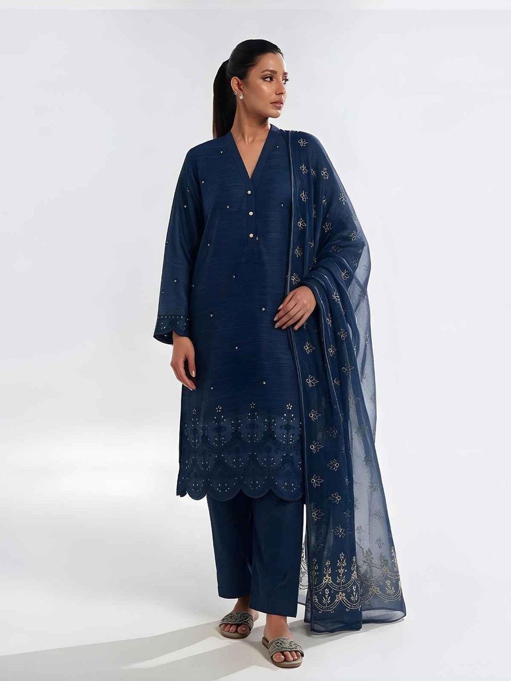 3Pc Embroidered Pret Suit Organza Net Slub Navy Blue - OWE3P-2601002