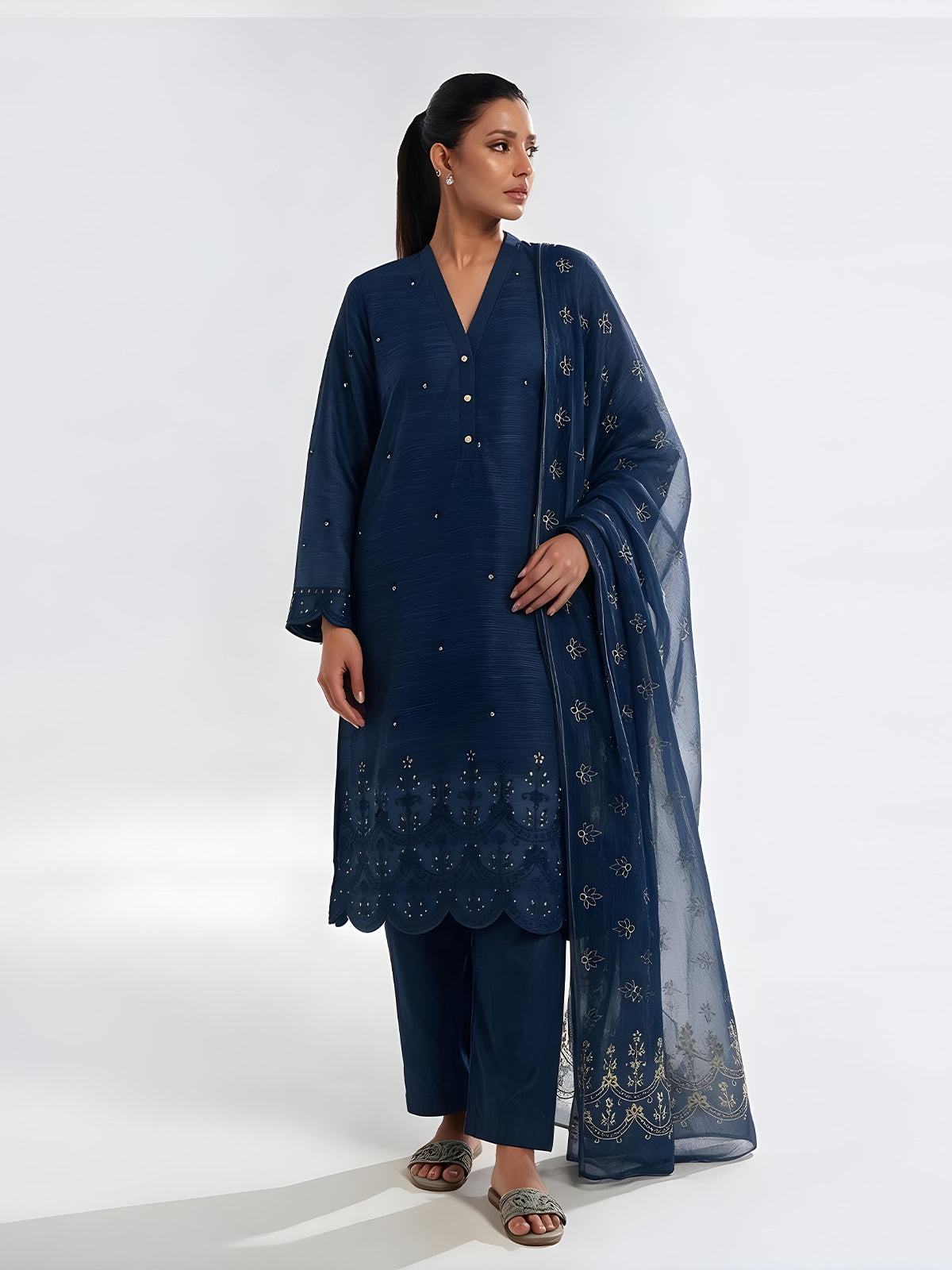3Pc Embroidered Unstitched Suit Organza Net Navy Blue - ONFE3P-6438-A