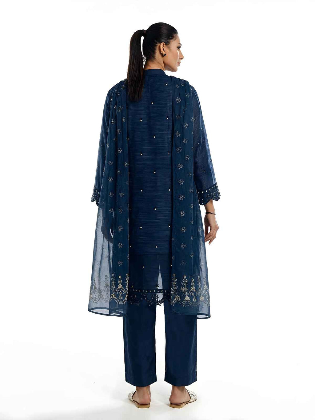 3Pc Embroidered Pret Suit Organza Net Slub Navy Blue - OWE3P-2601002
