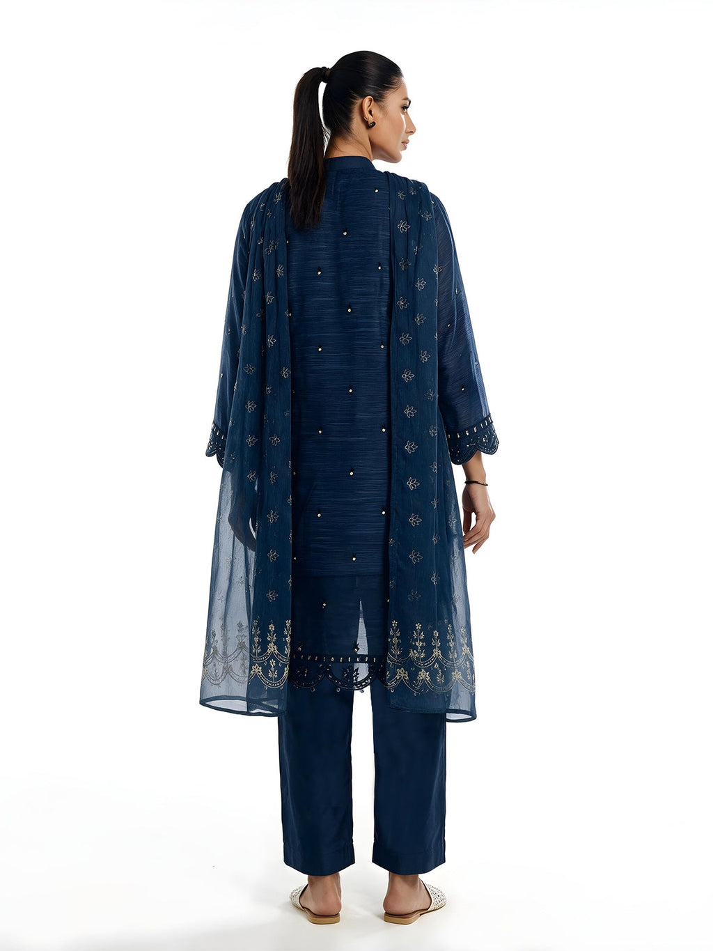 3Pc Embroidered Unstitched Suit Organza Net Navy Blue - ONFE3P-6438-A