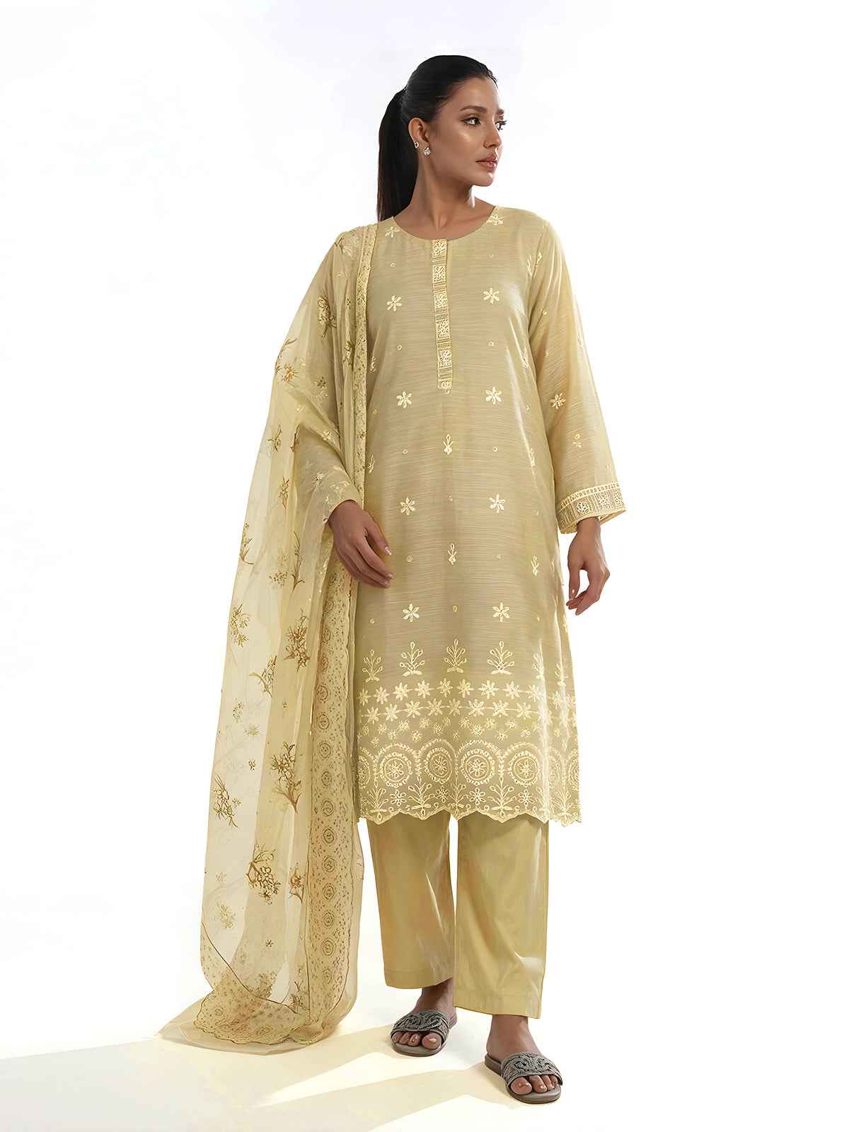 3Pc Embroidered Pret Suit Organza Net Slub Beige - OWE3P-2601004