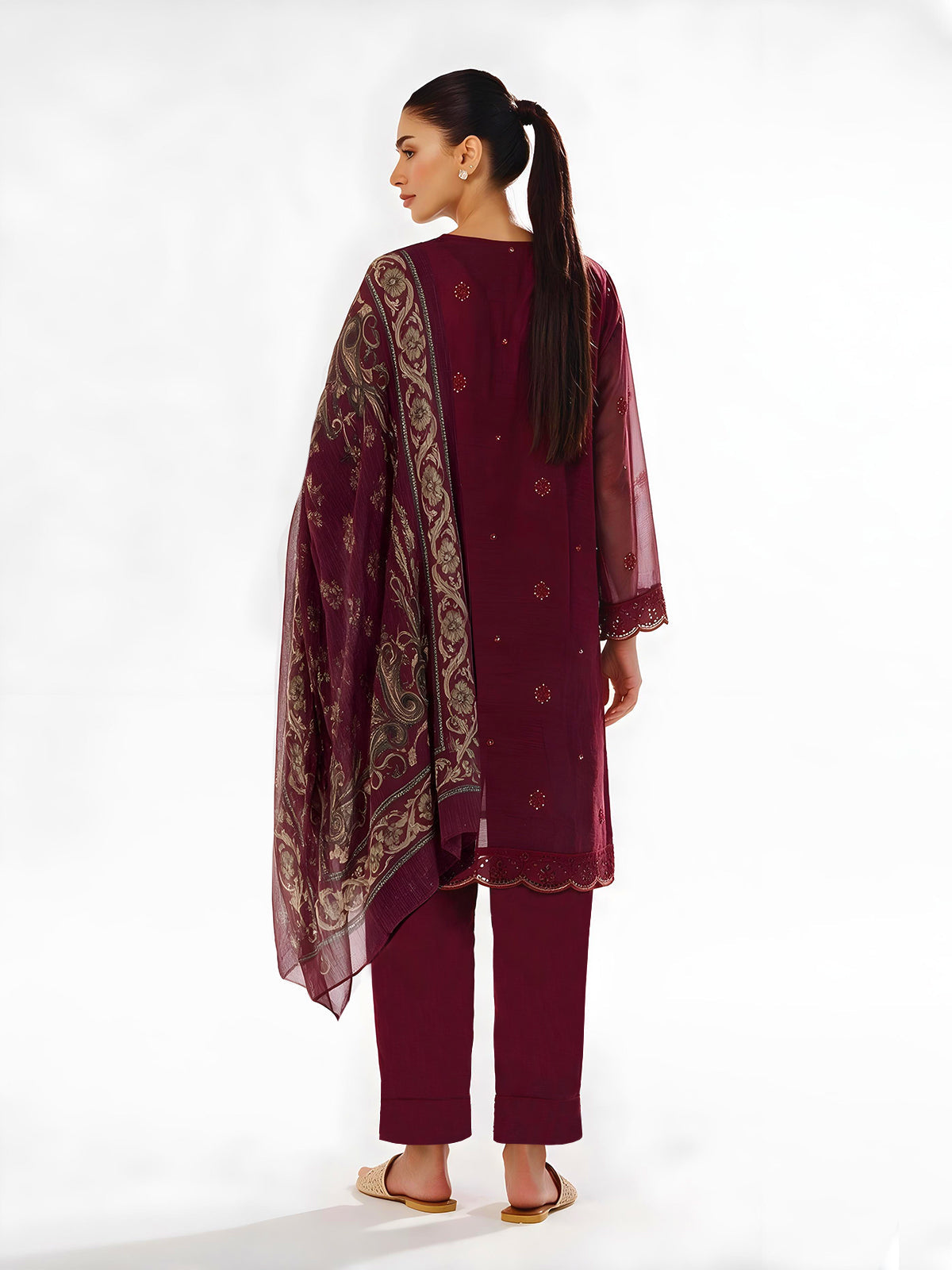 3Pc Embroidered Unstitched Suit Organza Net Maroon - ONFE3P-6440-A