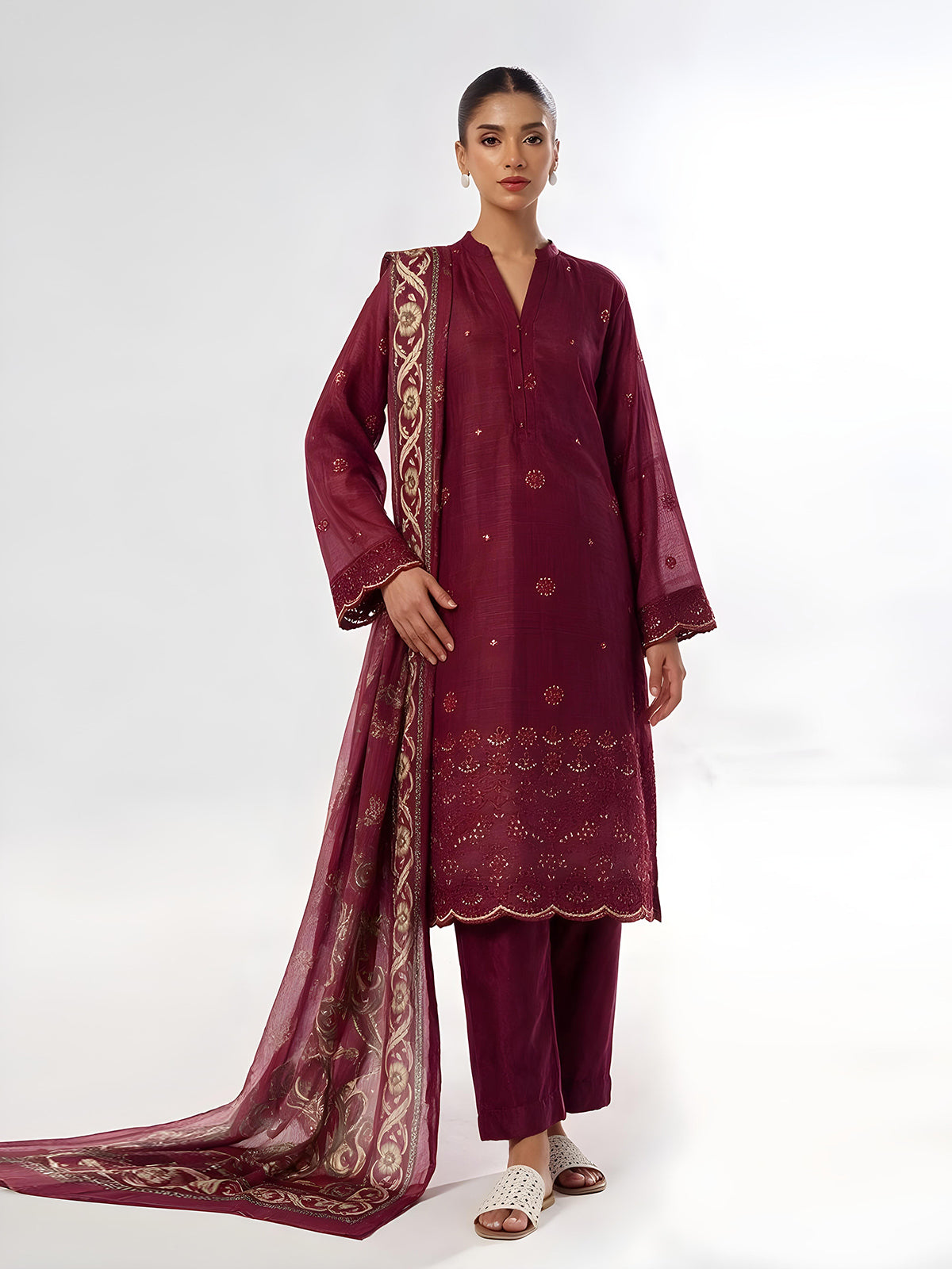 3Pc Embroidered Unstitched Suit Organza Net Maroon - ONFE3P-6440-A