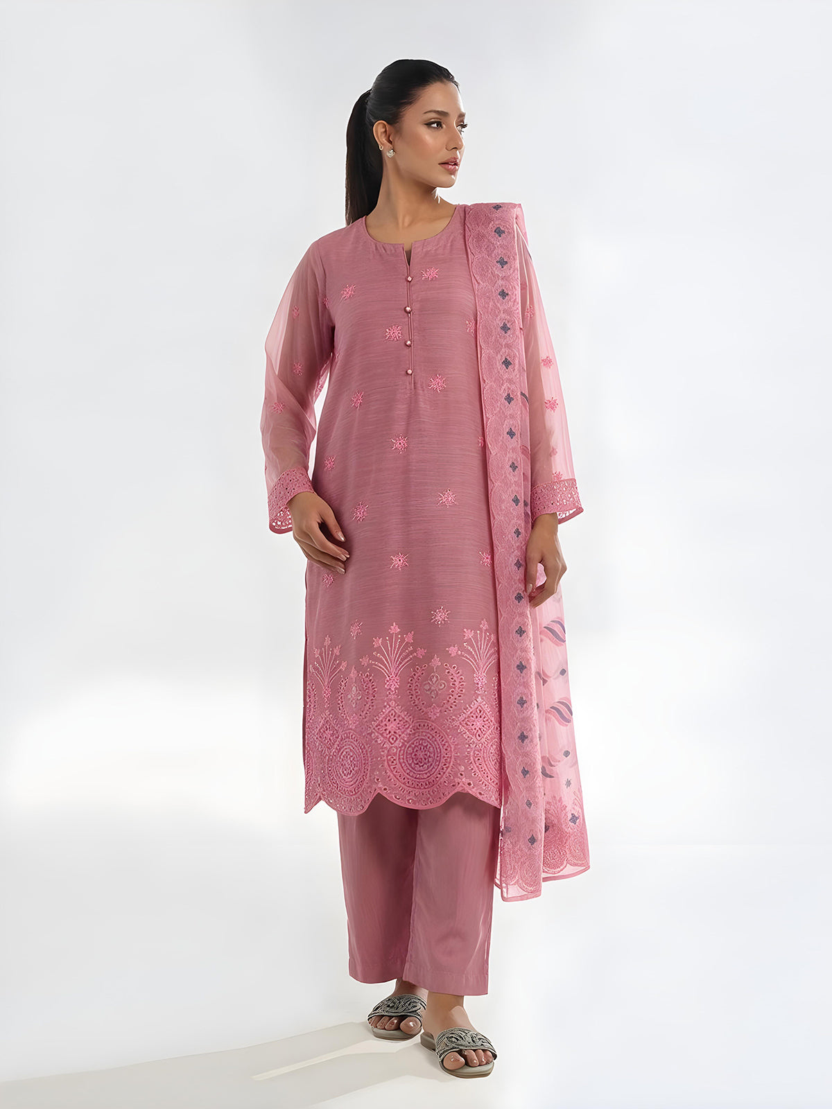 3Pc Embroidered Pret Suit Organza Net Slub Pink - OWE3P-2601006