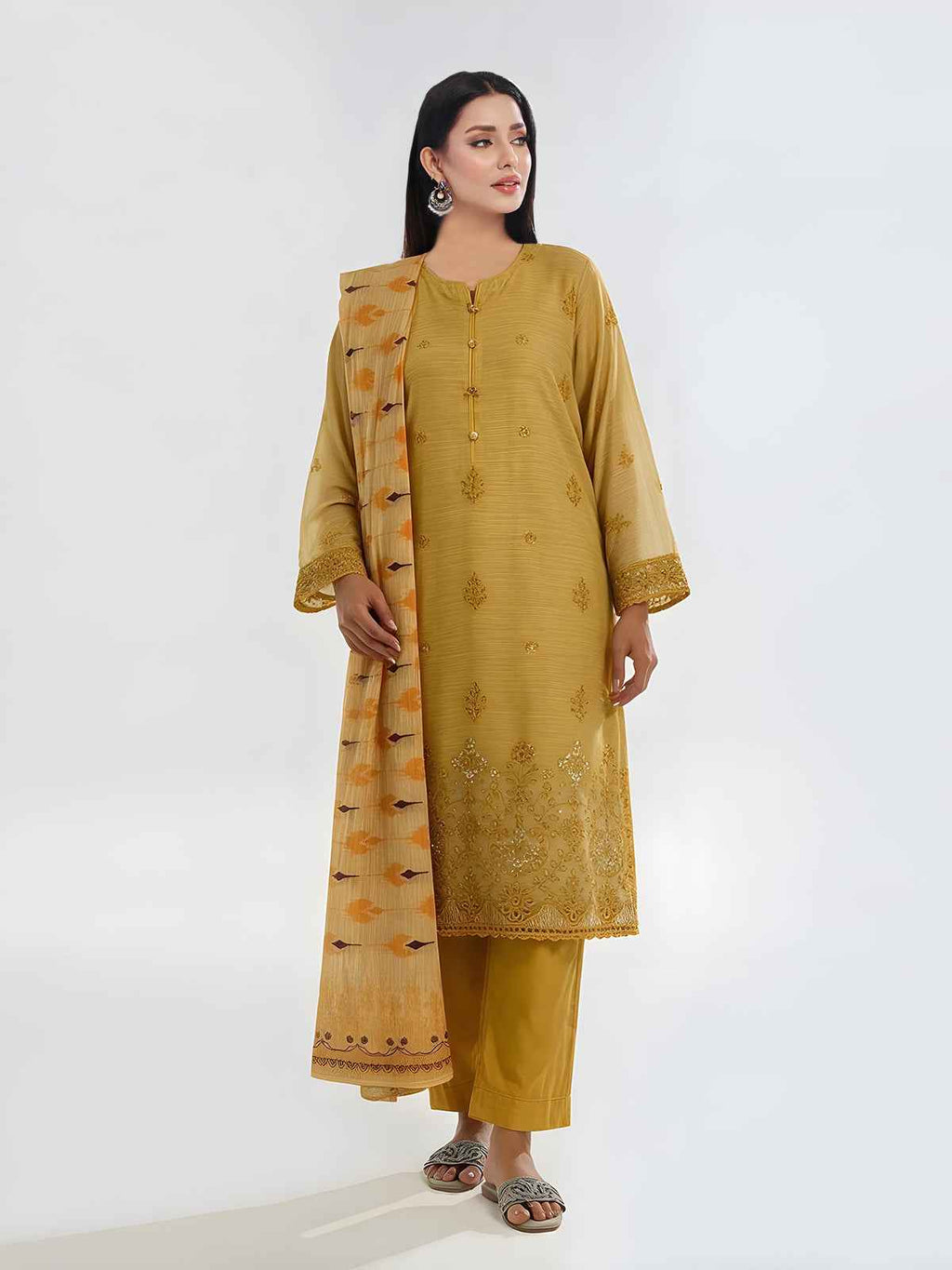 3Pc Embroidered Pret Suit Organza Net Slub Yellow - OWE3P-2601007