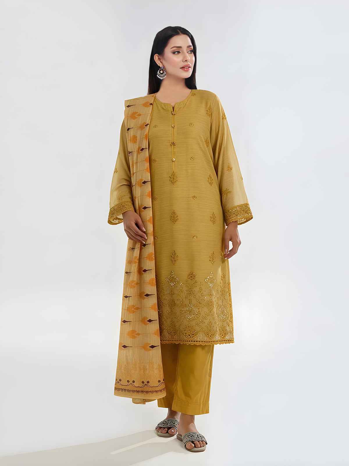 3Pc Embroidered Pret Suit Organza Net Slub Yellow - OWE3P-2601007