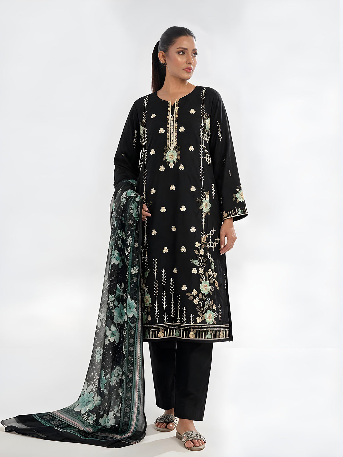 3Pc Embroidered Pret Suit Cotton Silk Black & Sea Green - OWE3P-2601008