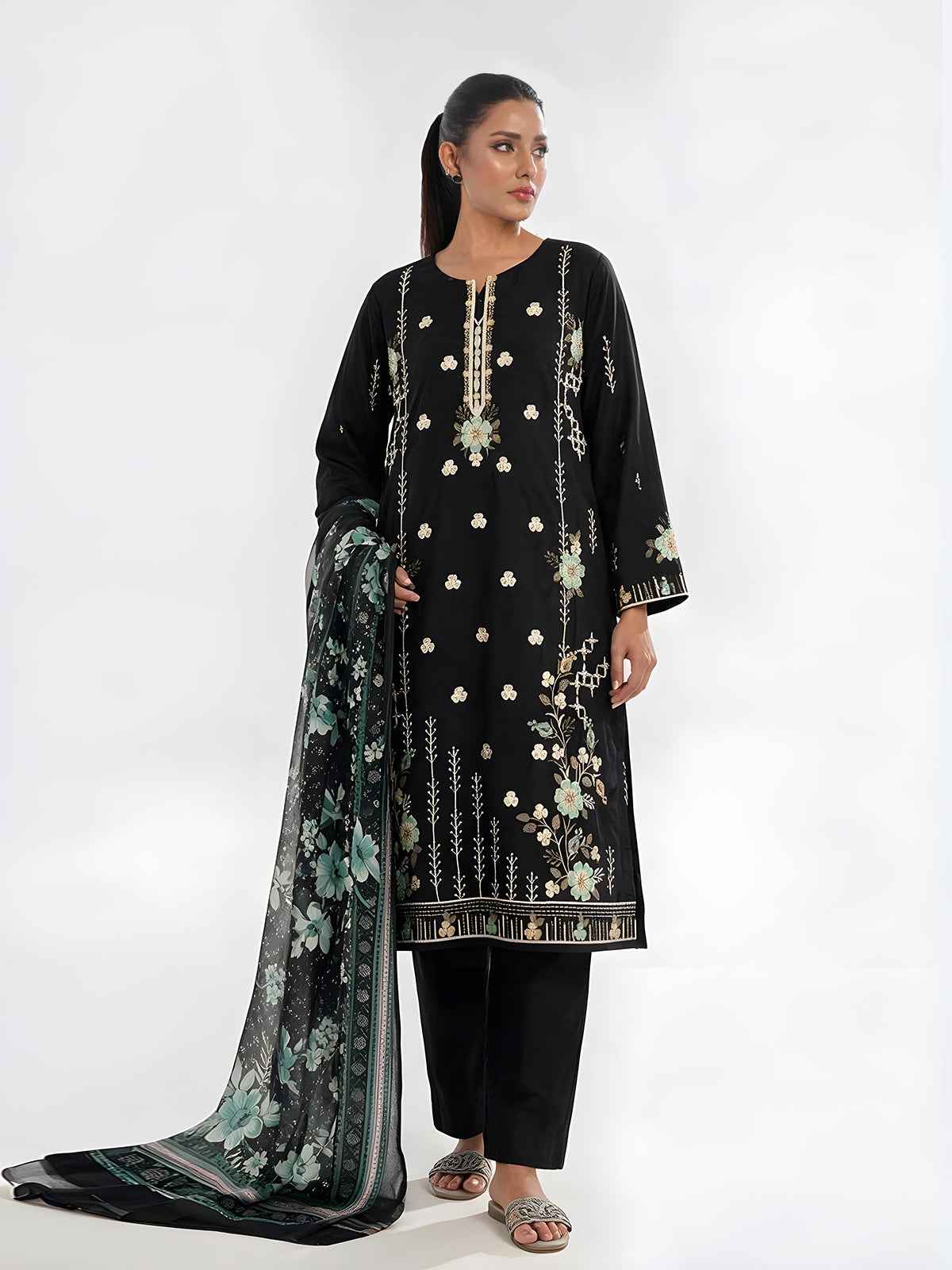 3Pc Embroidered Pret Suit Cotton Silk Black & Sea Green - OWE3P-2601008